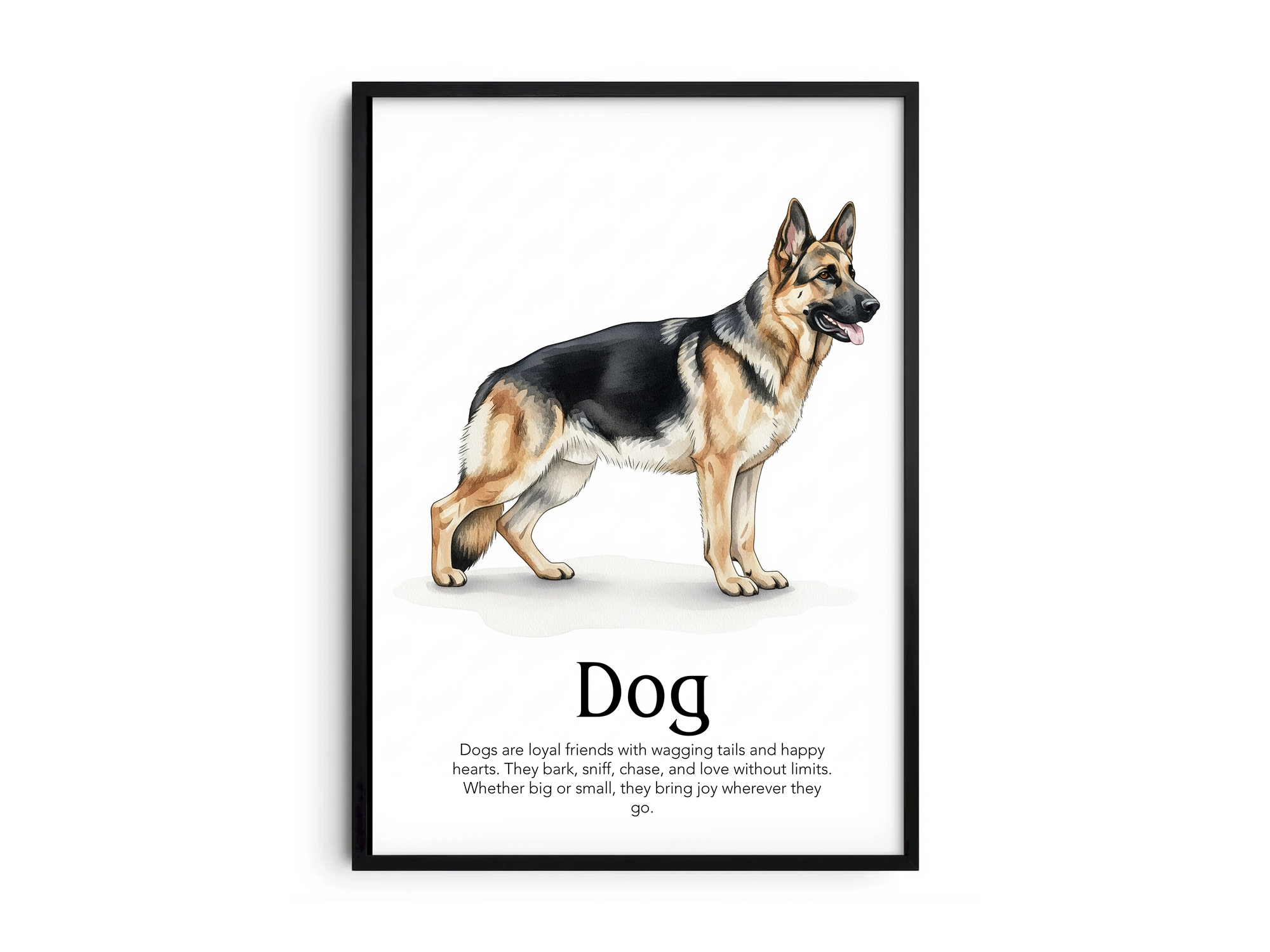 Detailed hand-illustrated Educational Dog Animal Poster for the letter 'D', printed on semi-gloss sustainable paper. Perfect wall art for children's rooms, nurseries, or playrooms with an educational and pet-friendly aesthetic.