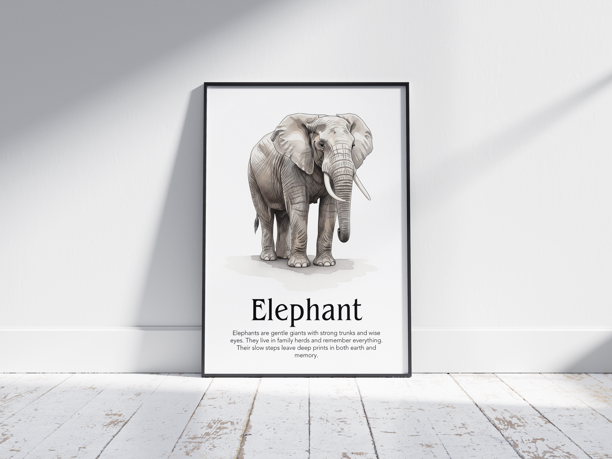 Detailed hand-illustrated Educational Elephant Animal Poster for the letter 'E', printed on semi-gloss sustainable paper. Perfect wall art for children's rooms, nurseries, or playrooms with an educational and nature-inspired aesthetic.