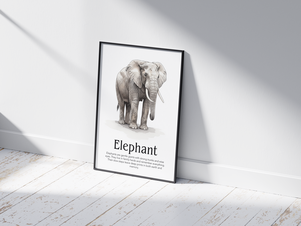 Detailed hand-illustrated Educational Elephant Animal Poster for the letter 'E', printed on semi-gloss sustainable paper. Perfect wall art for children's rooms, nurseries, or playrooms with an educational and nature-inspired aesthetic.