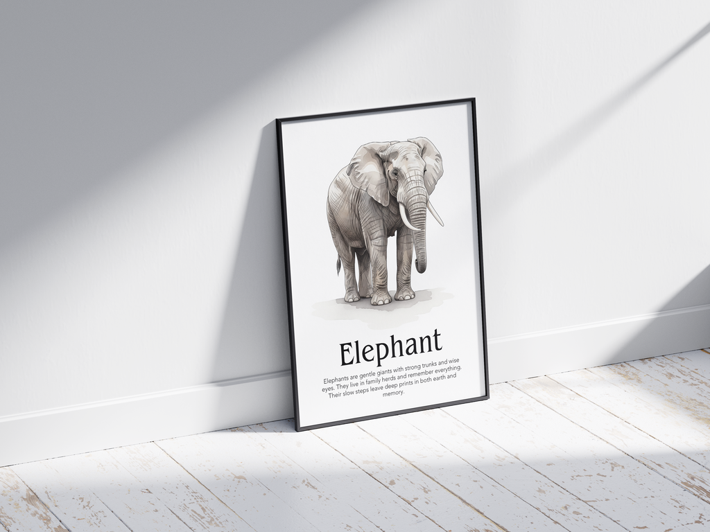 Detailed hand-illustrated Educational Elephant Animal Poster for the letter 'E', printed on semi-gloss sustainable paper. Perfect wall art for children's rooms, nurseries, or playrooms with an educational and nature-inspired aesthetic.