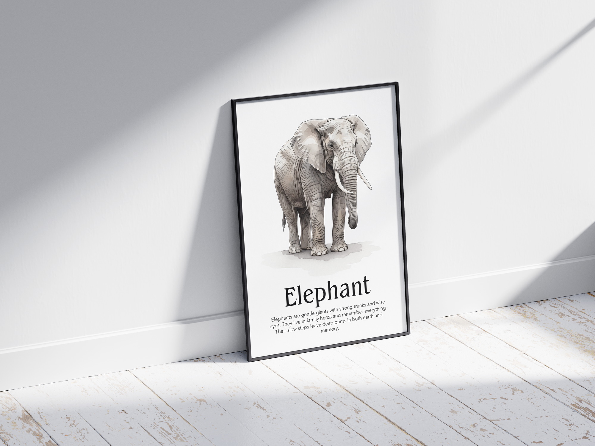 Detailed hand-illustrated Educational Elephant Animal Poster for the letter 'E', printed on semi-gloss sustainable paper. Perfect wall art for children's rooms, nurseries, or playrooms with an educational and nature-inspired aesthetic.
