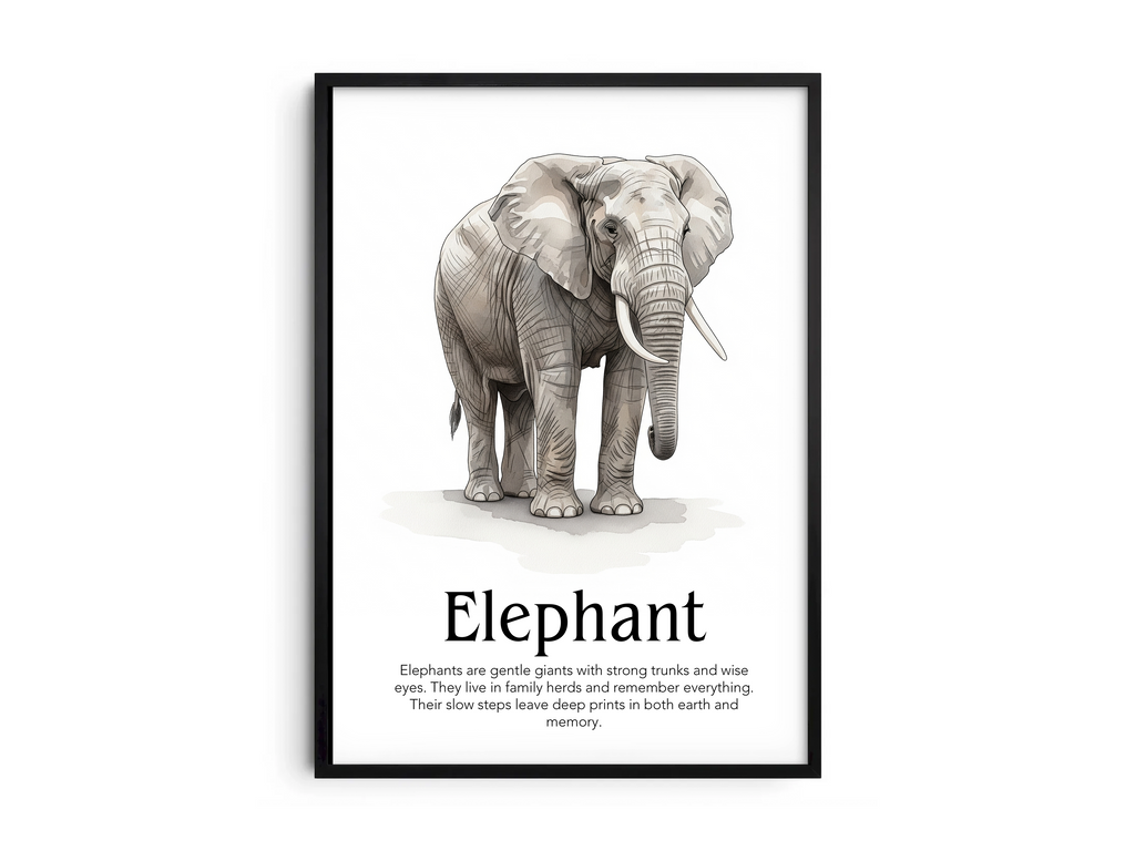 Detailed hand-illustrated Educational Elephant Animal Poster for the letter 'E', printed on semi-gloss sustainable paper. Perfect wall art for children's rooms, nurseries, or playrooms with an educational and nature-inspired aesthetic.