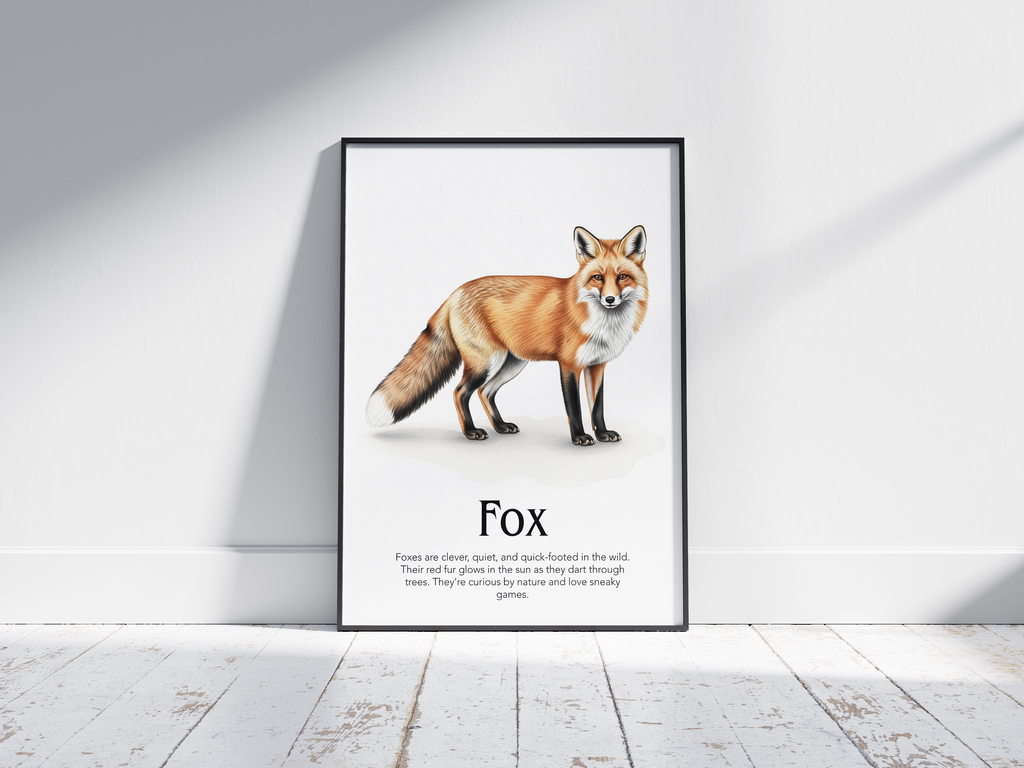 Detailed hand-illustrated Educational Fox Animal Poster for the letter 'F', printed on semi-gloss sustainable paper. Perfect wall art for children's rooms, nurseries, or playrooms with an educational and nature-inspired aesthetic.