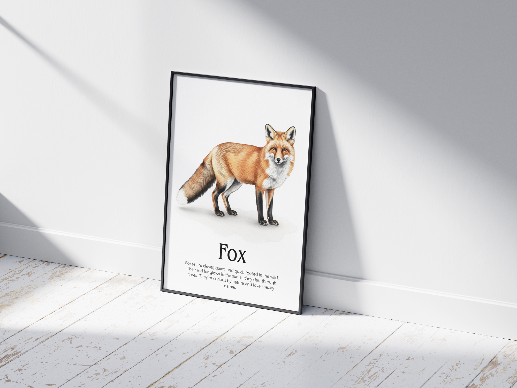 Detailed hand-illustrated Educational Fox Animal Poster for the letter 'F', printed on semi-gloss sustainable paper. Perfect wall art for children's rooms, nurseries, or playrooms with an educational and nature-inspired aesthetic.