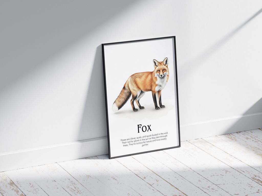 Detailed hand-illustrated Educational Fox Animal Poster for the letter 'F', printed on semi-gloss sustainable paper. Perfect wall art for children's rooms, nurseries, or playrooms with an educational and nature-inspired aesthetic.