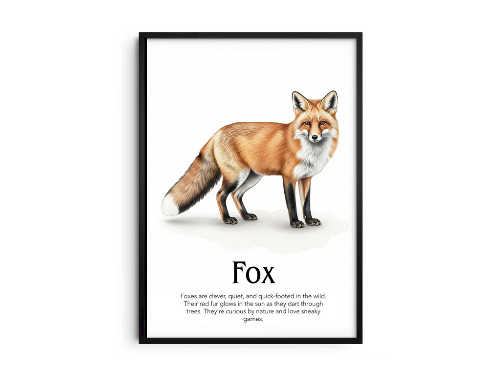 Detailed hand-illustrated Educational Fox Animal Poster for the letter 'F', printed on semi-gloss sustainable paper. Perfect wall art for children's rooms, nurseries, or playrooms with an educational and nature-inspired aesthetic.