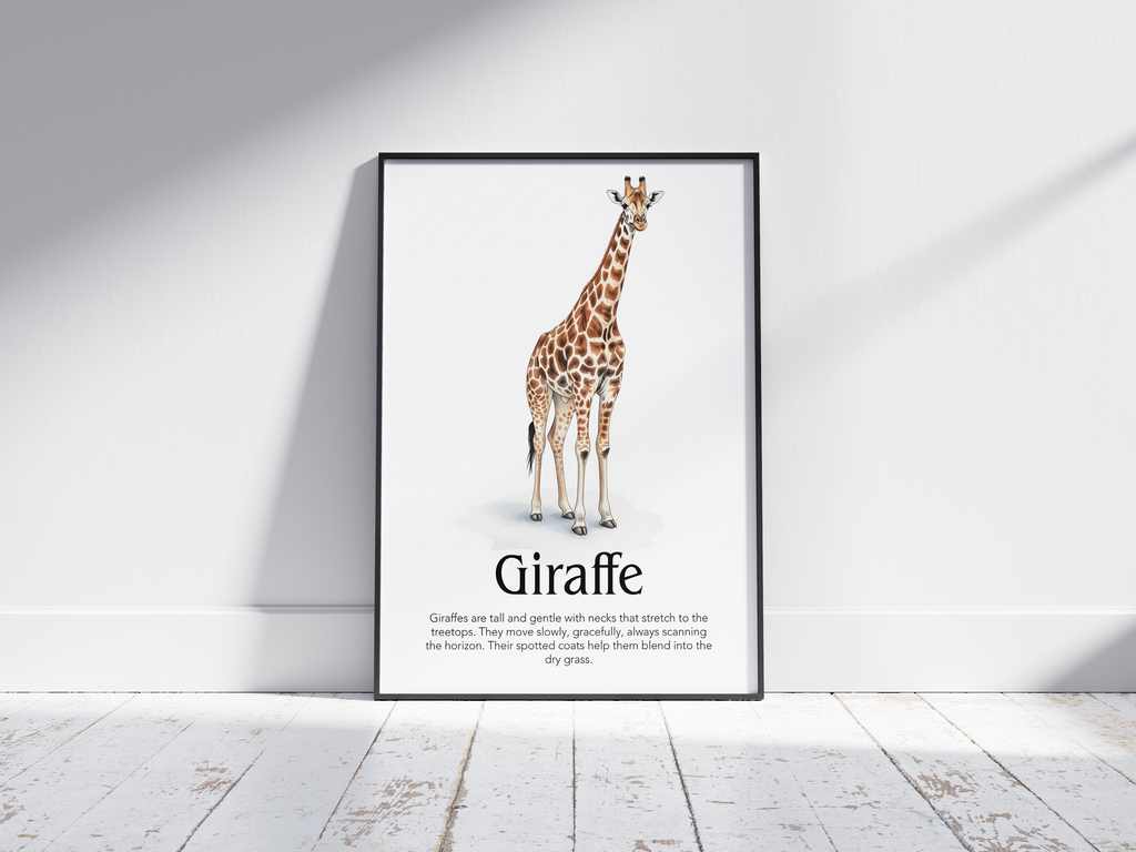 Detailed hand-illustrated Educational Giraffe Animal Poster for the letter 'G', printed on semi-gloss sustainable paper. Perfect wall art for children's rooms, nurseries, or playrooms with an educational and nature-inspired aesthetic.