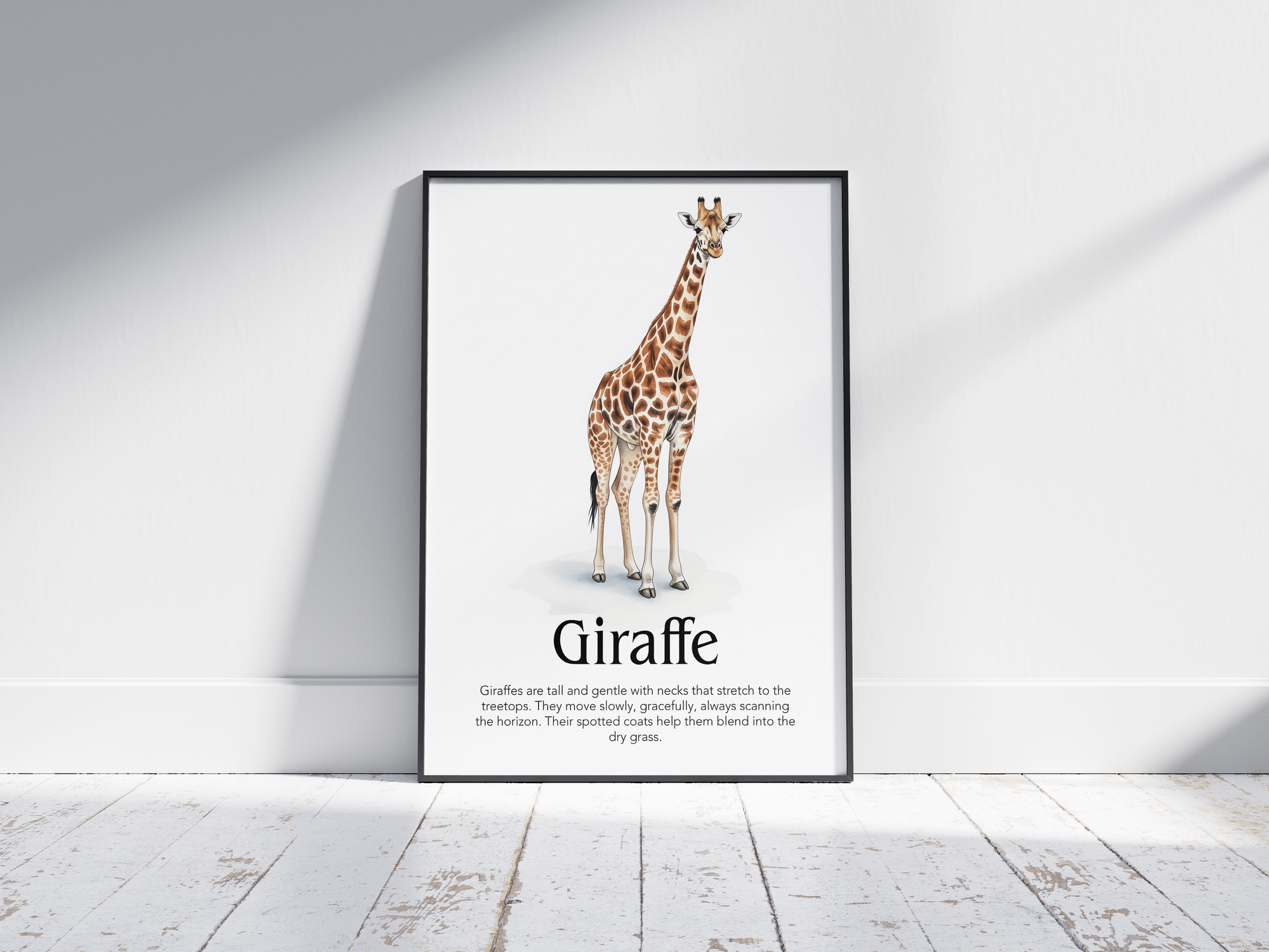 Detailed hand-illustrated Educational Giraffe Animal Poster for the letter 'G', printed on semi-gloss sustainable paper. Perfect wall art for children's rooms, nurseries, or playrooms with an educational and nature-inspired aesthetic.