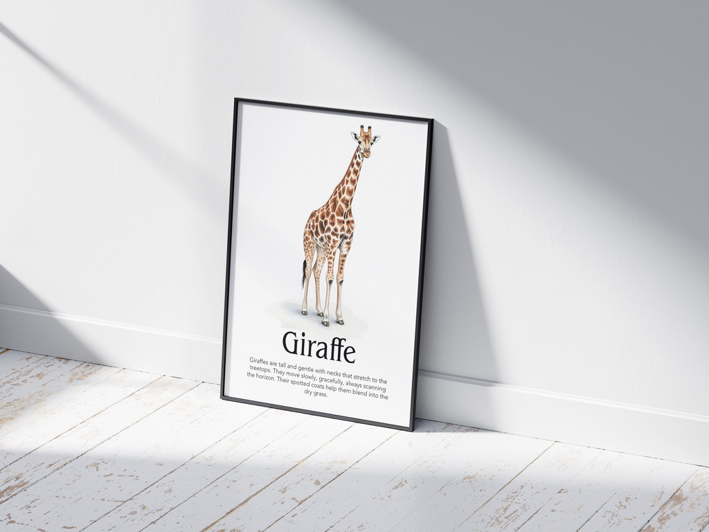 Detailed hand-illustrated Educational Giraffe Animal Poster for the letter 'G', printed on semi-gloss sustainable paper. Perfect wall art for children's rooms, nurseries, or playrooms with an educational and nature-inspired aesthetic.