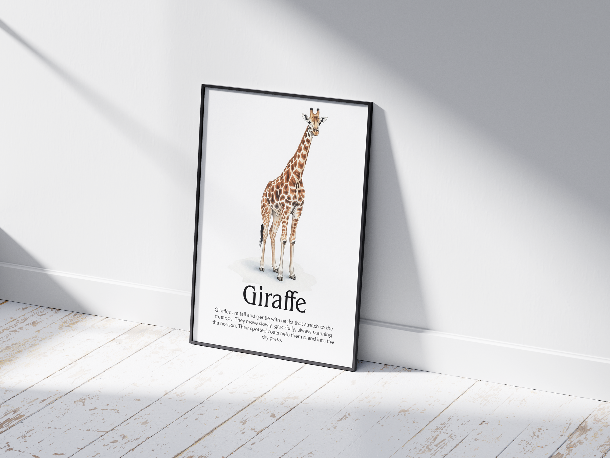Detailed hand-illustrated Educational Giraffe Animal Poster for the letter 'G', printed on semi-gloss sustainable paper. Perfect wall art for children's rooms, nurseries, or playrooms with an educational and nature-inspired aesthetic.