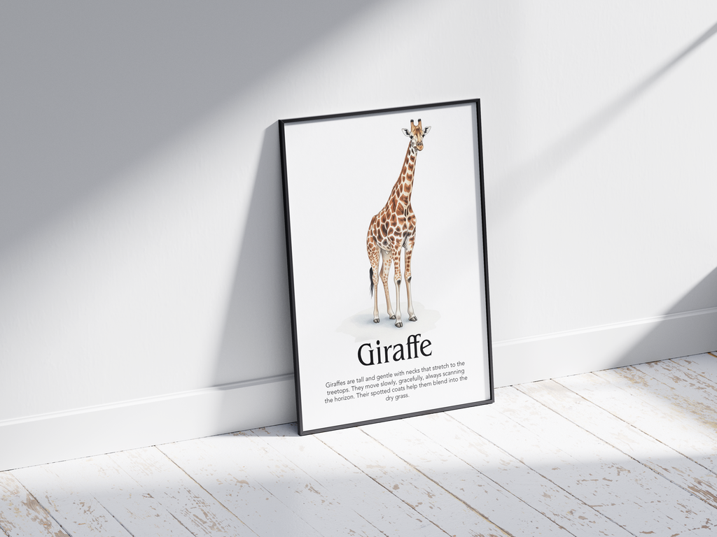 Detailed hand-illustrated Educational Giraffe Animal Poster for the letter 'G', printed on semi-gloss sustainable paper. Perfect wall art for children's rooms, nurseries, or playrooms with an educational and nature-inspired aesthetic.