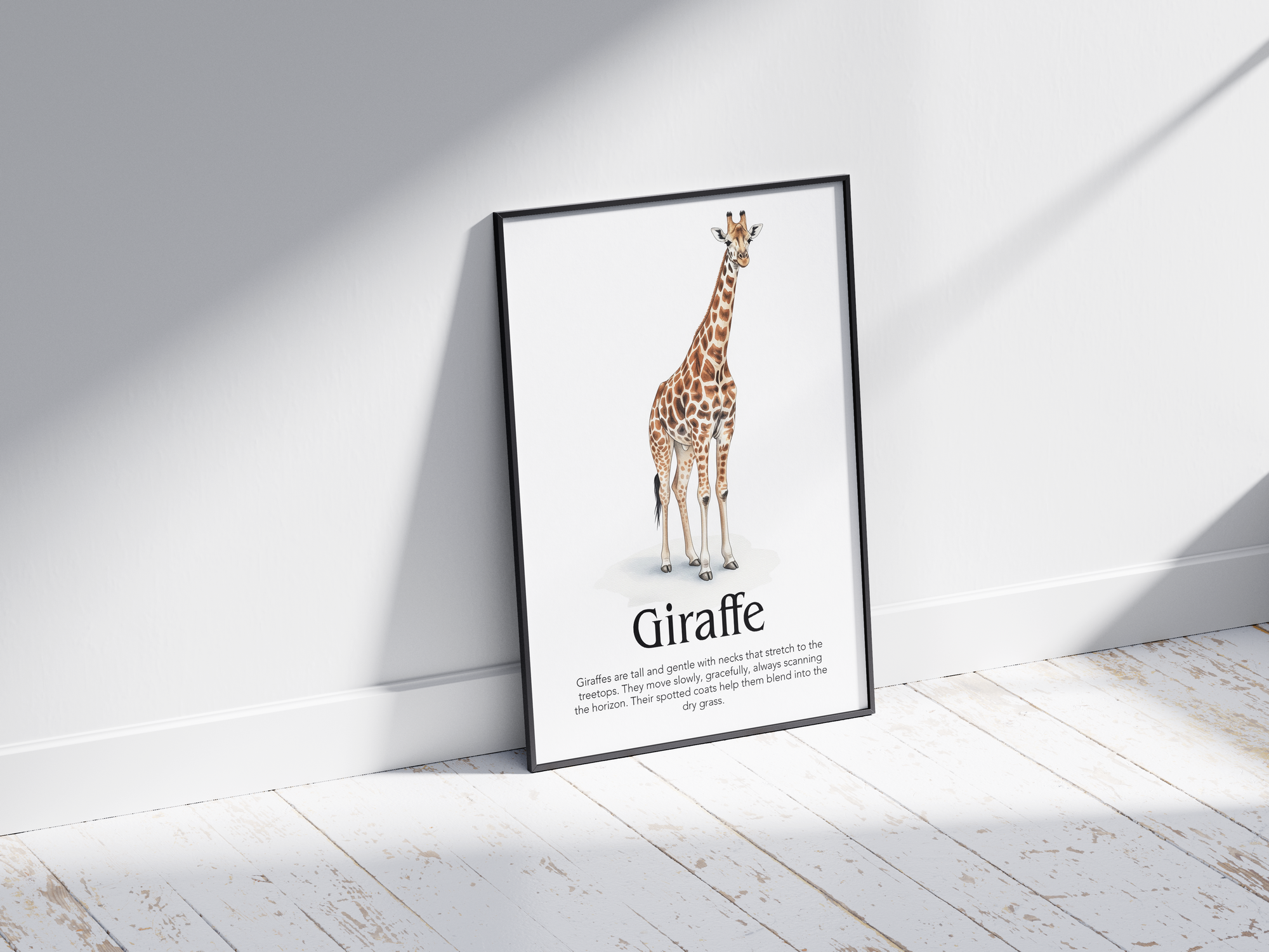 Detailed hand-illustrated Educational Giraffe Animal Poster for the letter 'G', printed on semi-gloss sustainable paper. Perfect wall art for children's rooms, nurseries, or playrooms with an educational and nature-inspired aesthetic.