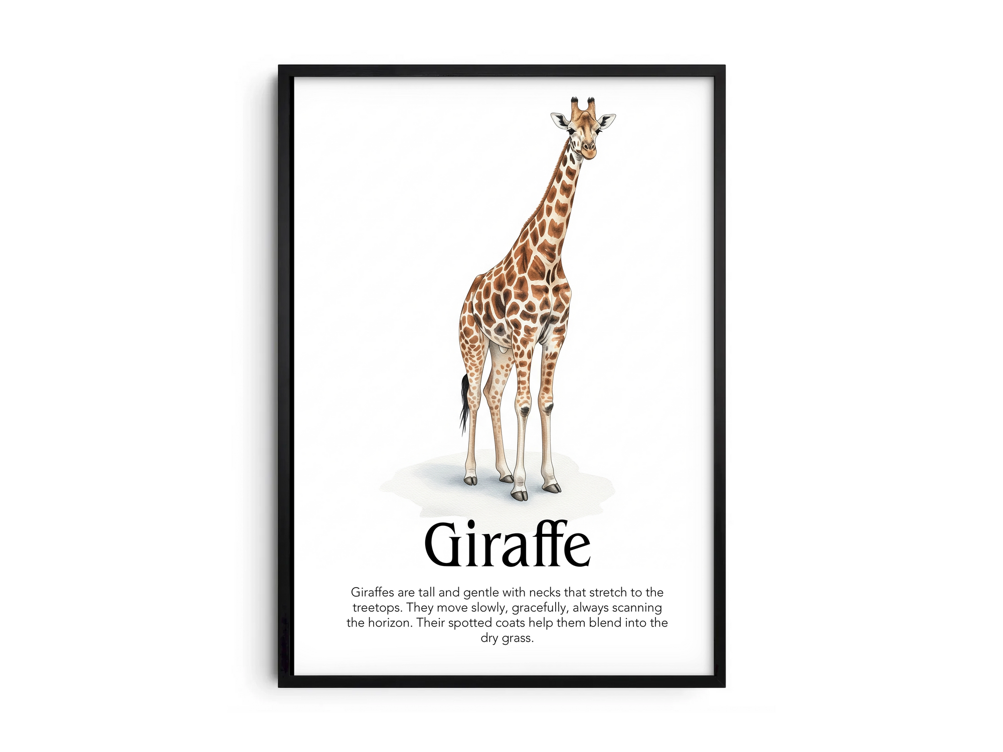 Detailed hand-illustrated Educational Giraffe Animal Poster for the letter 'G', printed on semi-gloss sustainable paper. Perfect wall art for children's rooms, nurseries, or playrooms with an educational and nature-inspired aesthetic.