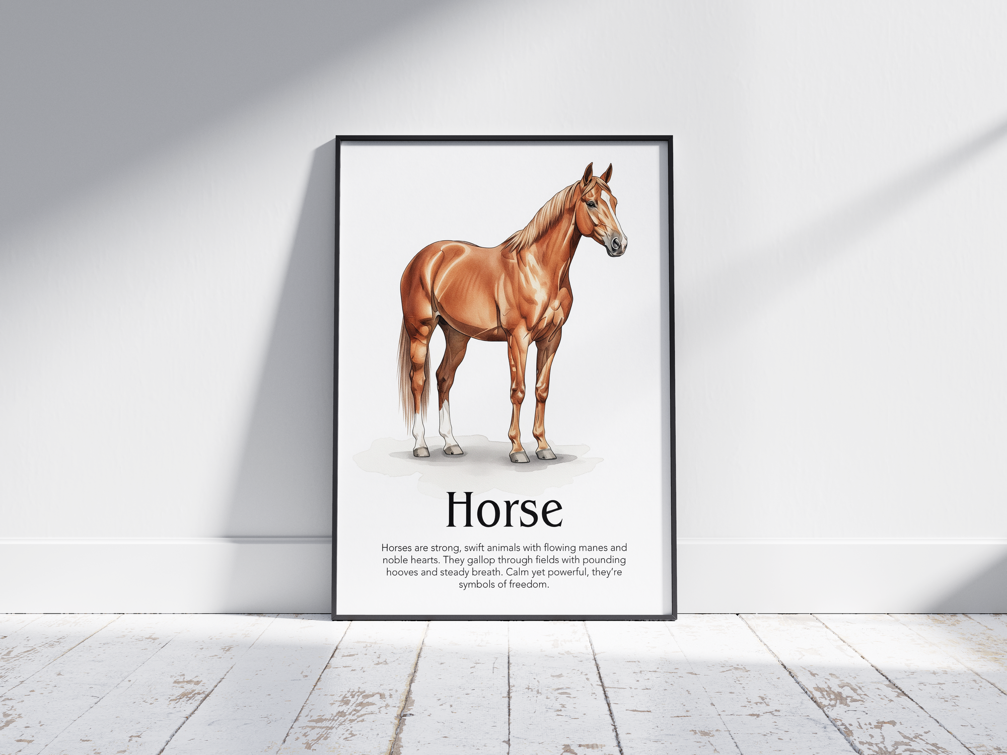 Detailed hand-illustrated Educational Horse Animal Poster for the letter 'H', printed on semi-gloss sustainable paper. Perfect wall art for children's rooms, nurseries, or playrooms with an educational and nature-inspired aesthetic.
