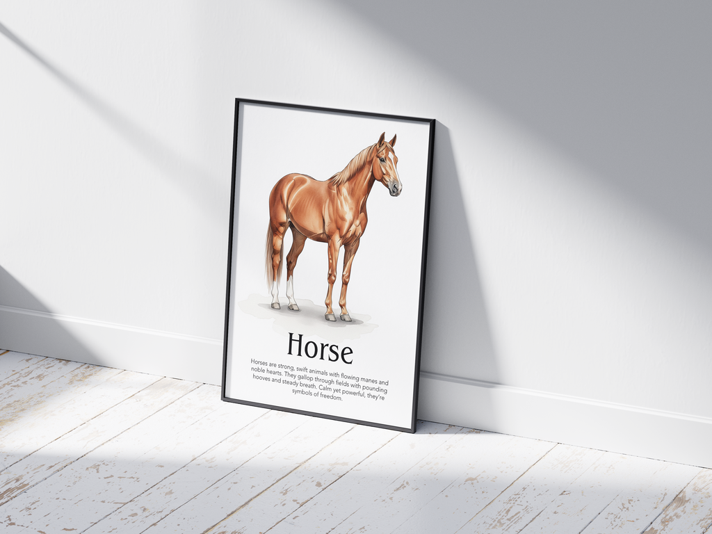 Detailed hand-illustrated Educational Horse Animal Poster for the letter 'H', printed on semi-gloss sustainable paper. Perfect wall art for children's rooms, nurseries, or playrooms with an educational and nature-inspired aesthetic.