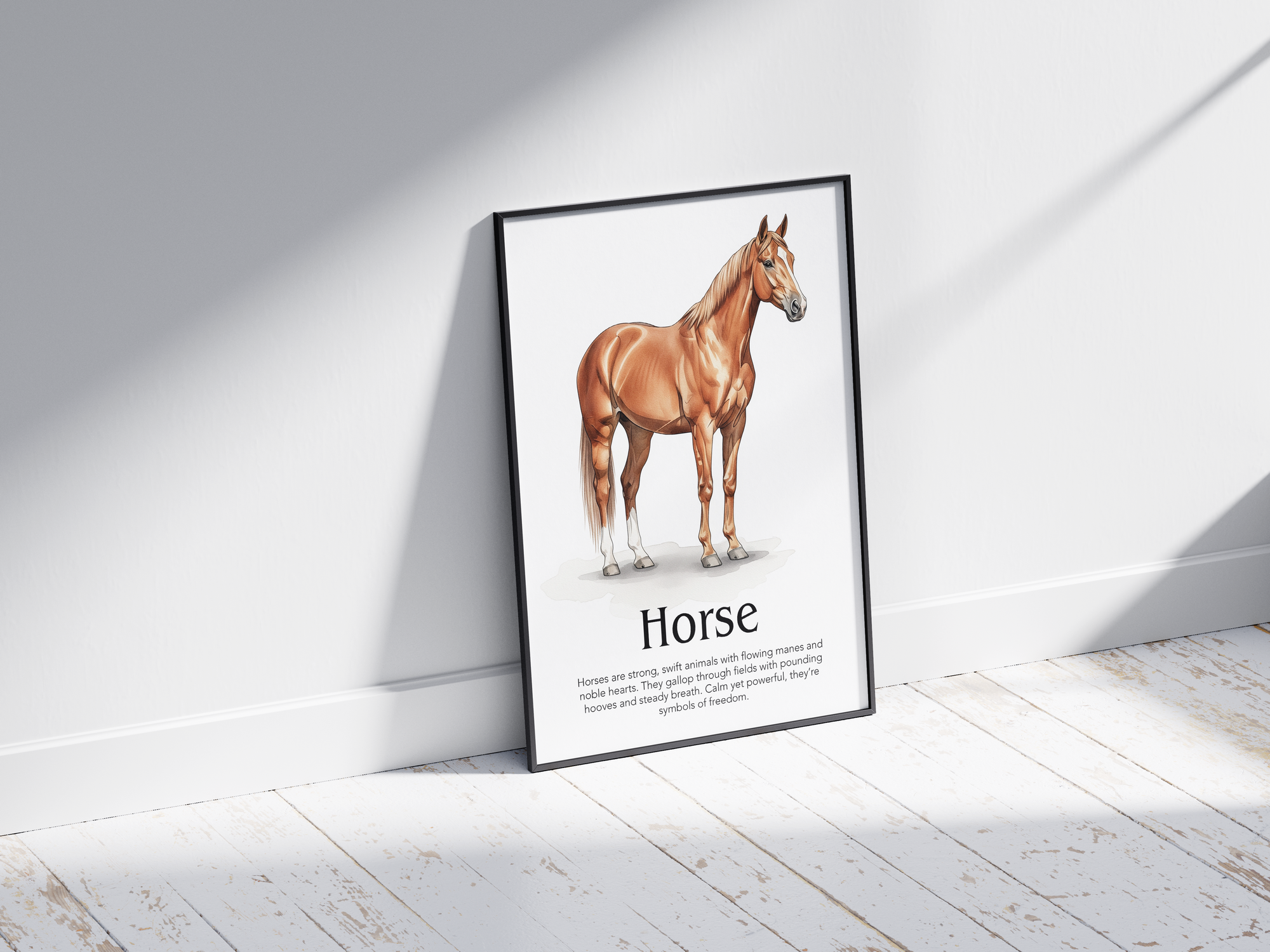 Detailed hand-illustrated Educational Horse Animal Poster for the letter 'H', printed on semi-gloss sustainable paper. Perfect wall art for children's rooms, nurseries, or playrooms with an educational and nature-inspired aesthetic.