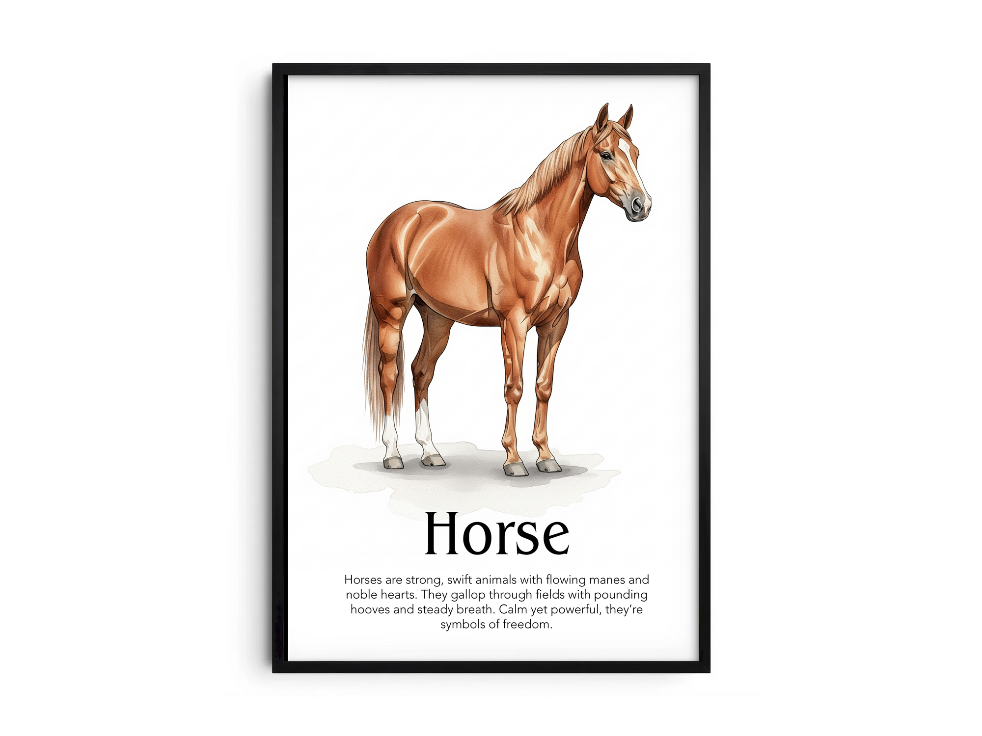 Detailed hand-illustrated Educational Horse Animal Poster for the letter 'H', printed on semi-gloss sustainable paper. Perfect wall art for children's rooms, nurseries, or playrooms with an educational and nature-inspired aesthetic.