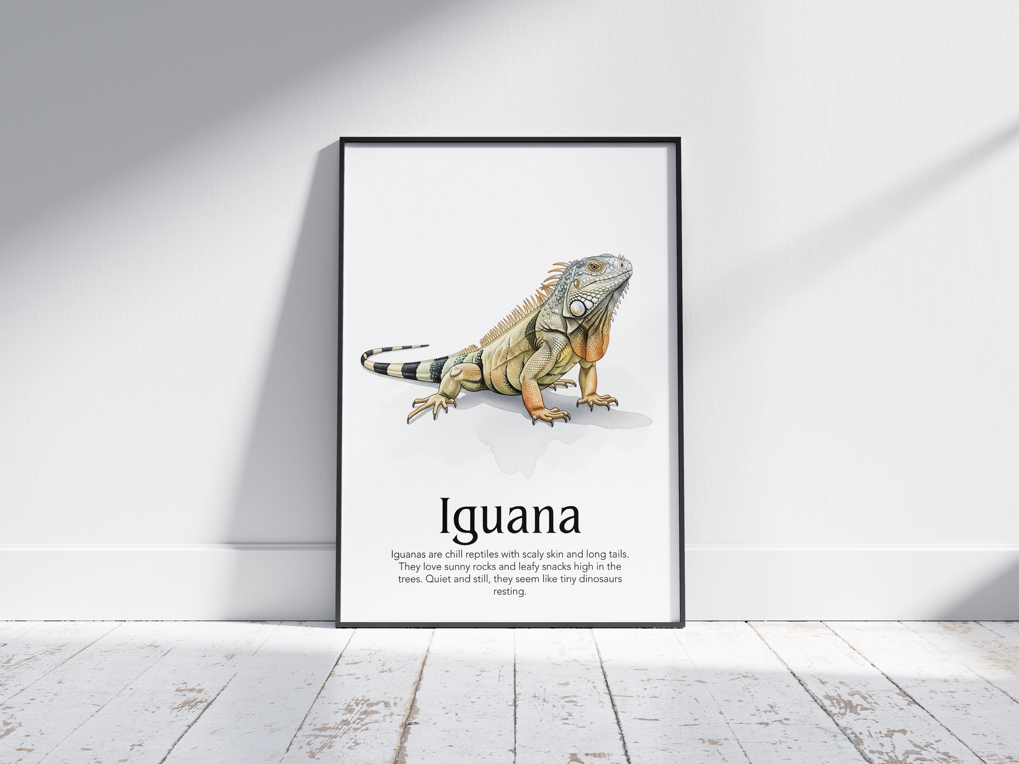 Detailed hand-illustrated Educational Iguana Animal Poster for the letter 'I', printed on semi-gloss sustainable paper. Perfect wall art for children's rooms, nurseries, or playrooms with an educational and nature-inspired aesthetic.