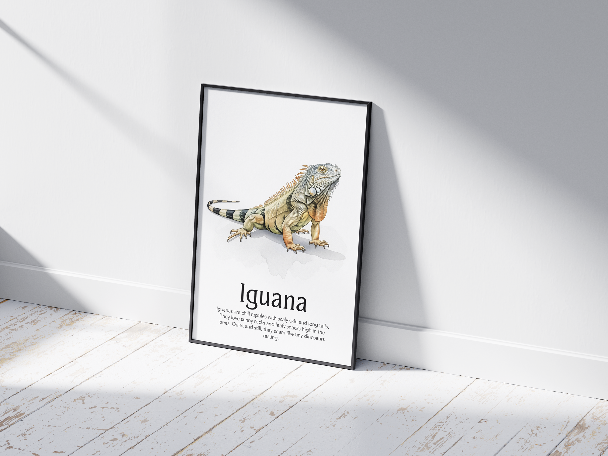 Detailed hand-illustrated Educational Iguana Animal Poster for the letter 'I', printed on semi-gloss sustainable paper. Perfect wall art for children's rooms, nurseries, or playrooms with an educational and nature-inspired aesthetic.