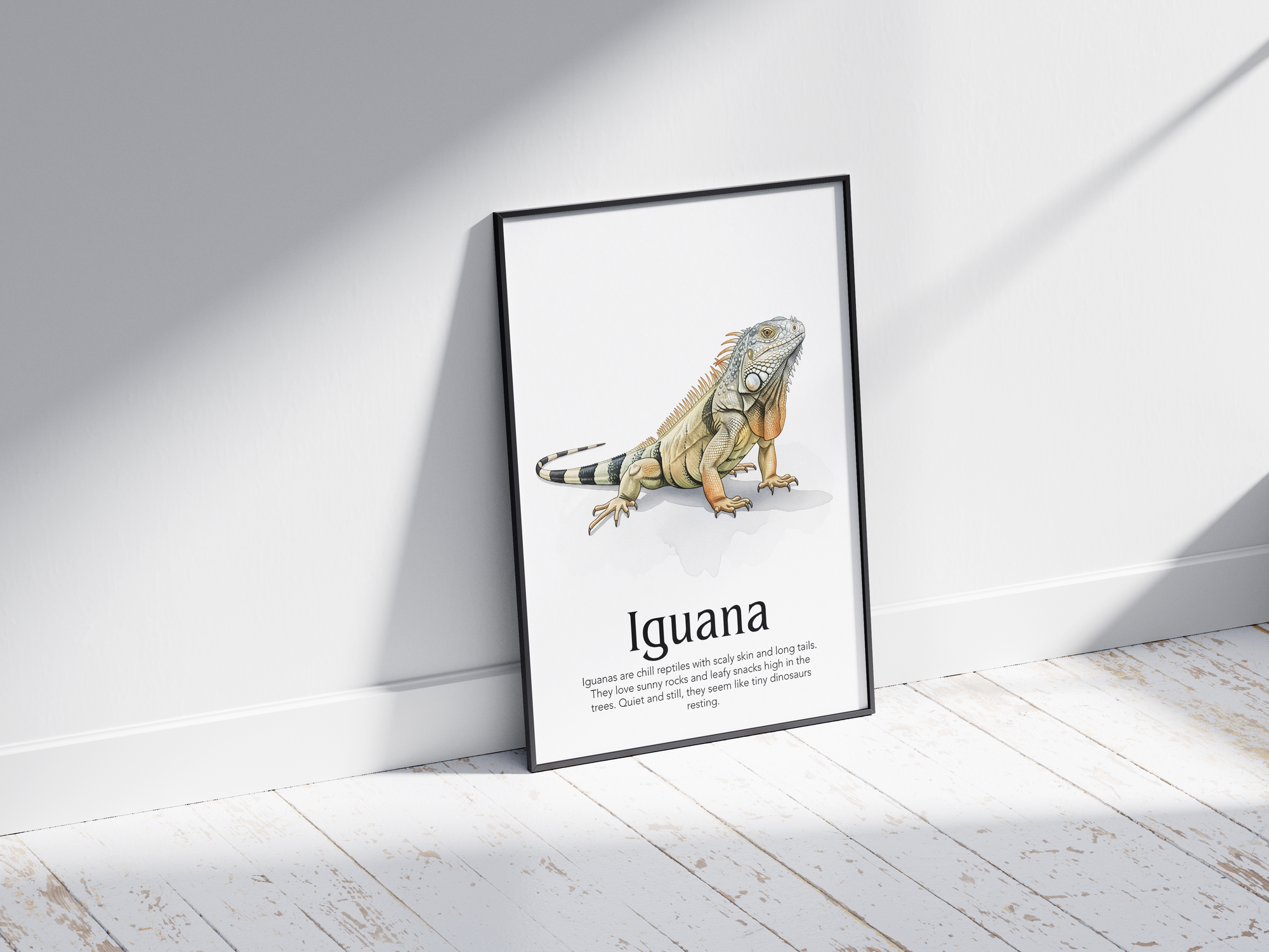 Detailed hand-illustrated Educational Iguana Animal Poster for the letter 'I', printed on semi-gloss sustainable paper. Perfect wall art for children's rooms, nurseries, or playrooms with an educational and nature-inspired aesthetic.
