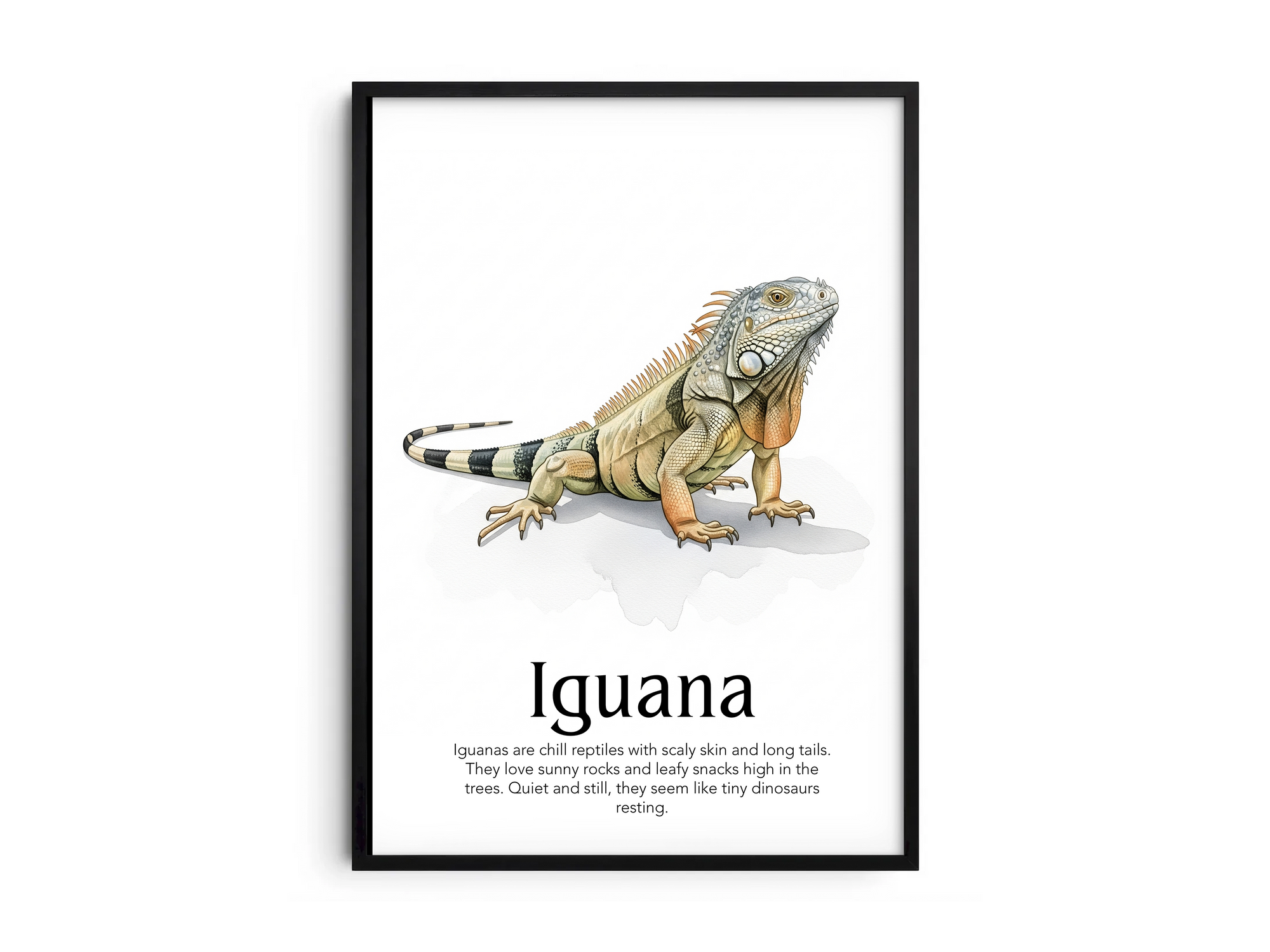 Detailed hand-illustrated Educational Iguana Animal Poster for the letter 'I', printed on semi-gloss sustainable paper. Perfect wall art for children's rooms, nurseries, or playrooms with an educational and nature-inspired aesthetic.
