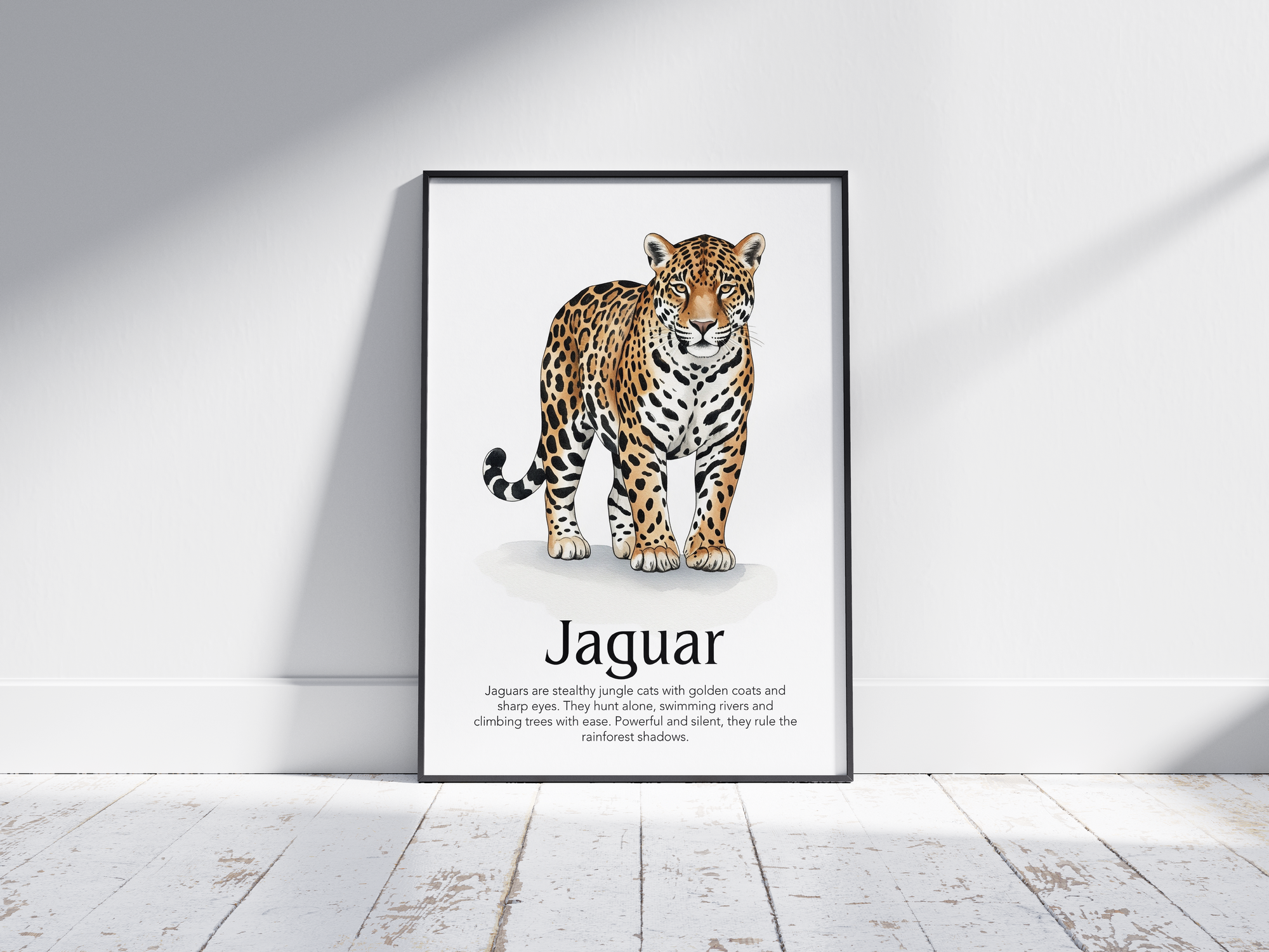 Detailed hand-illustrated Educational Jaguar Animal Poster for the letter 'J', printed on semi-gloss sustainable paper. Perfect wall art for children's rooms, nurseries, or playrooms with an educational and nature-inspired aesthetic.