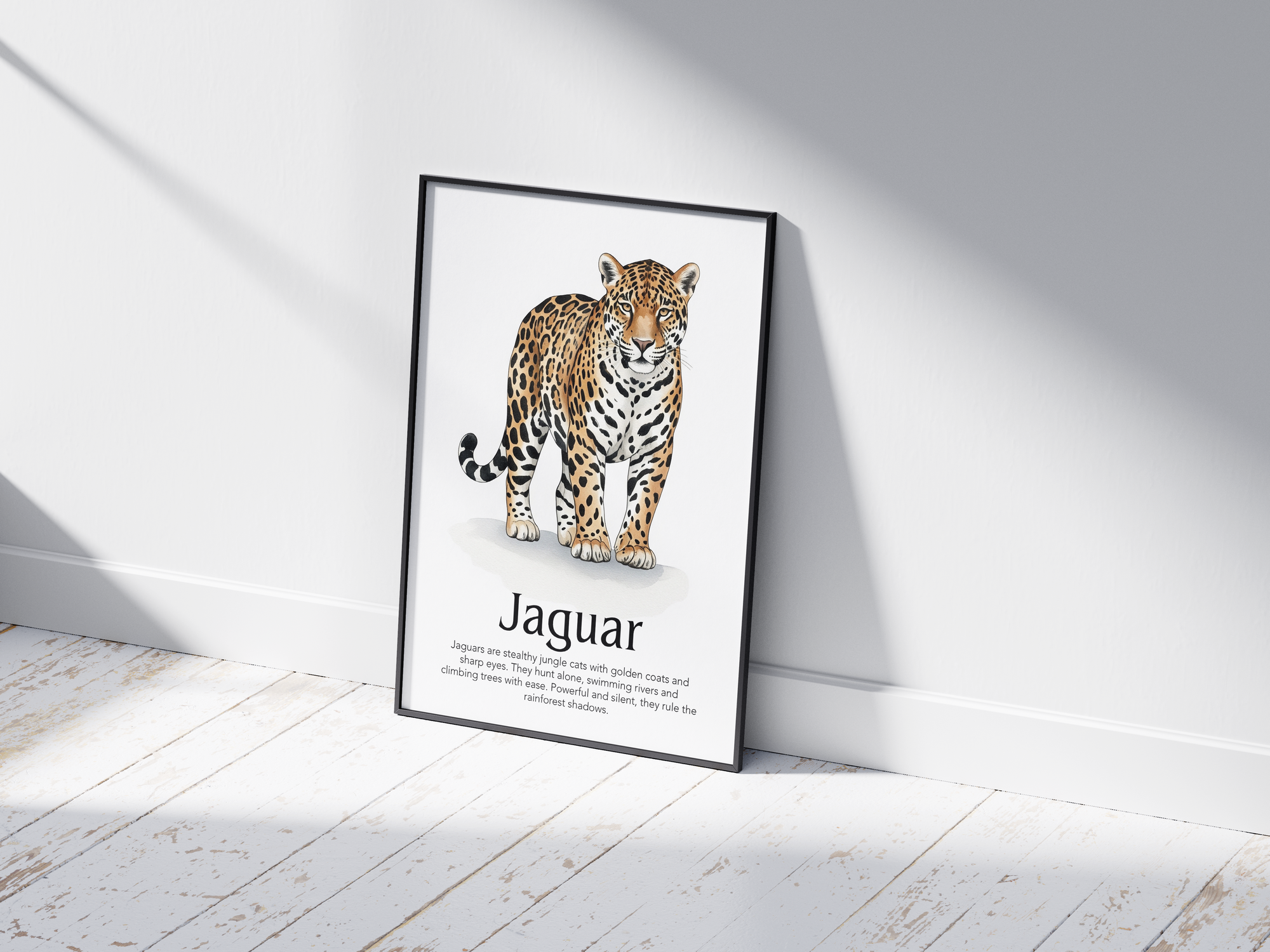 Detailed hand-illustrated Educational Jaguar Animal Poster for the letter 'J', printed on semi-gloss sustainable paper. Perfect wall art for children's rooms, nurseries, or playrooms with an educational and nature-inspired aesthetic.