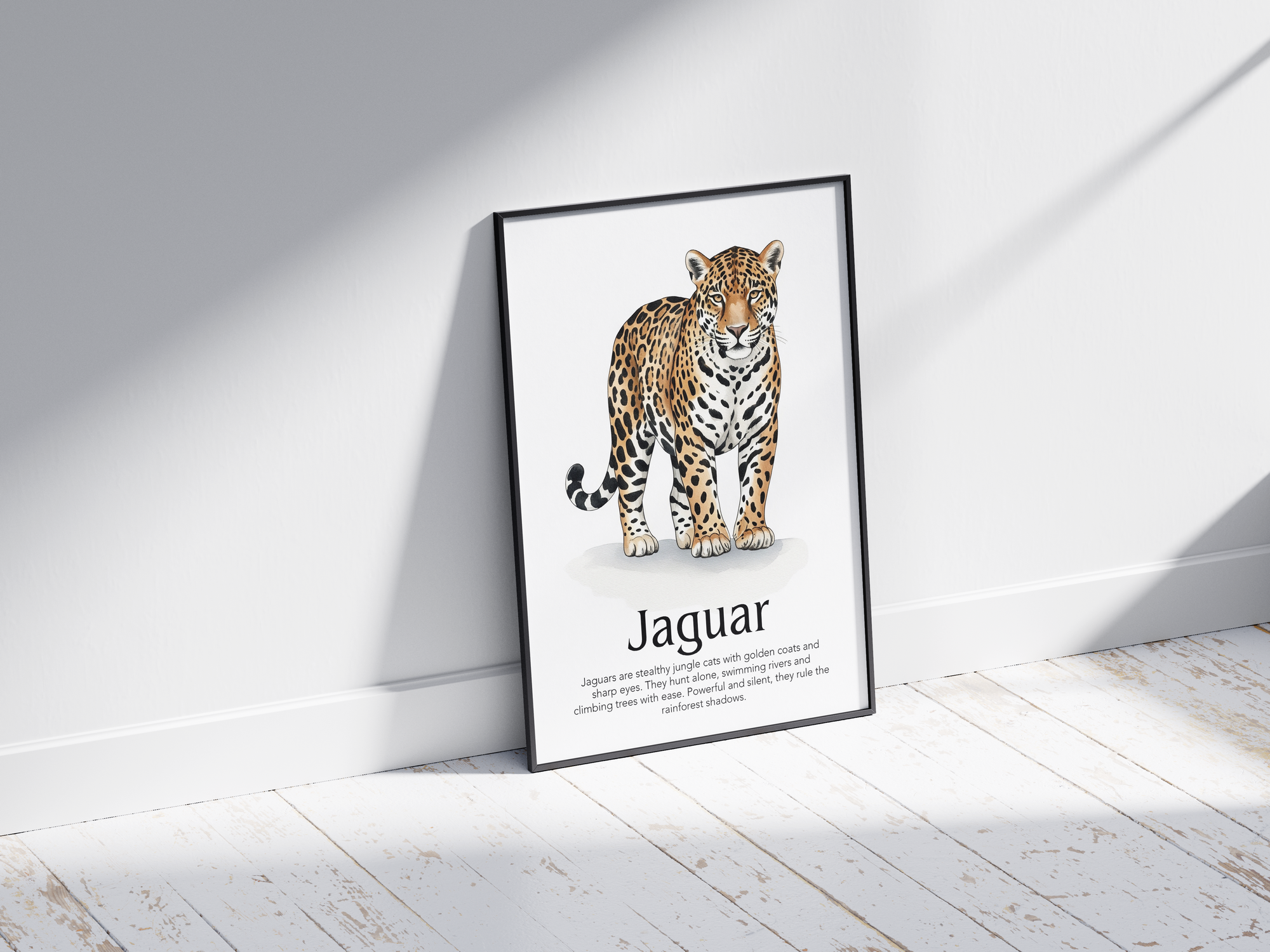 Detailed hand-illustrated Educational Jaguar Animal Poster for the letter 'J', printed on semi-gloss sustainable paper. Perfect wall art for children's rooms, nurseries, or playrooms with an educational and nature-inspired aesthetic.