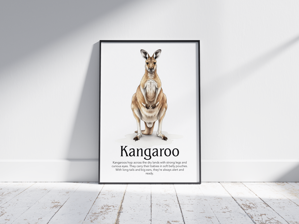 Detailed hand-illustrated Educational Kangaroo Animal Poster for the letter 'K', printed on semi-gloss sustainable paper. Perfect wall art for children's rooms, nurseries, or playrooms with an educational and nature-inspired aesthetic.