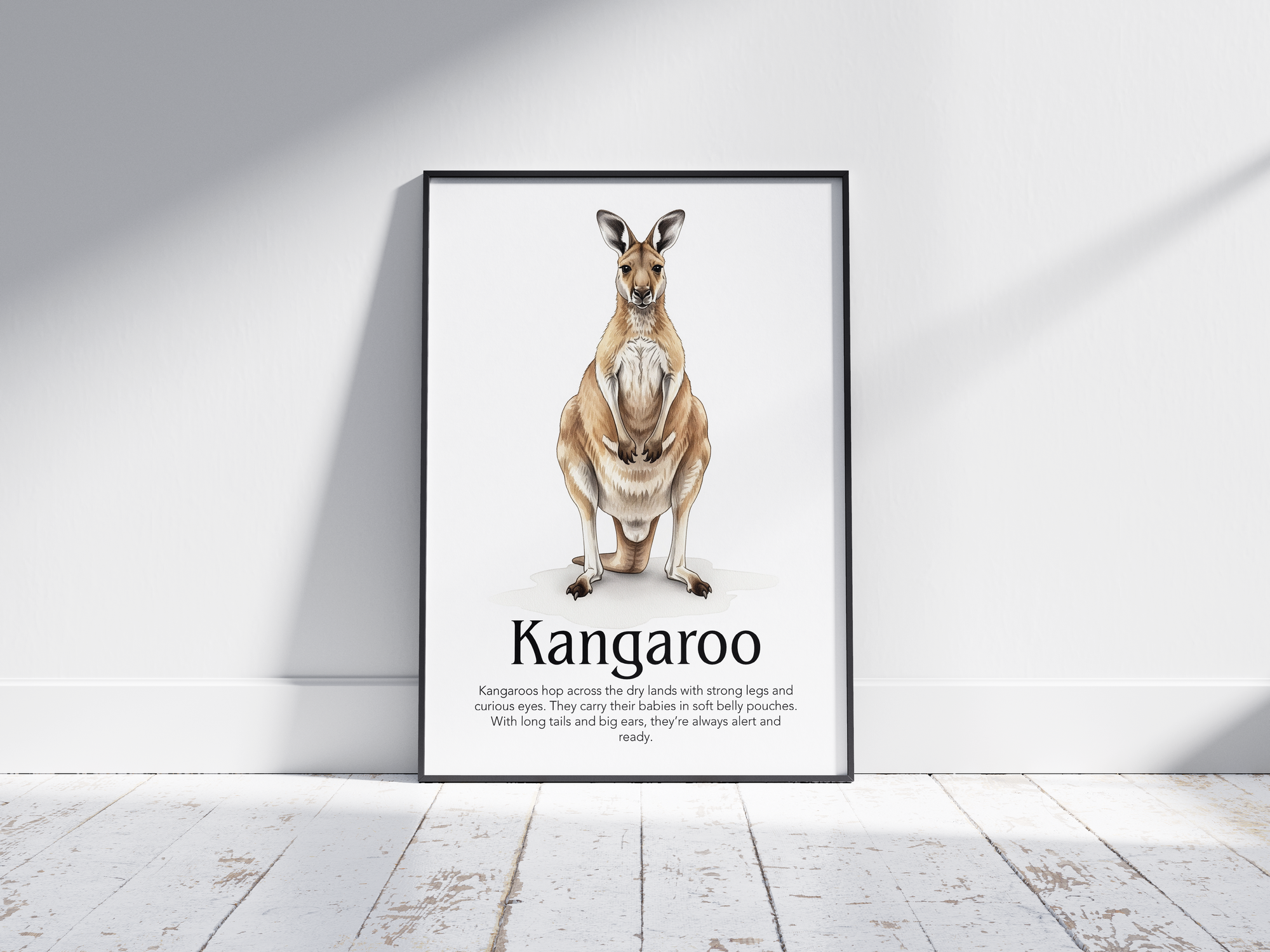 Detailed hand-illustrated Educational Kangaroo Animal Poster for the letter 'K', printed on semi-gloss sustainable paper. Perfect wall art for children's rooms, nurseries, or playrooms with an educational and nature-inspired aesthetic.