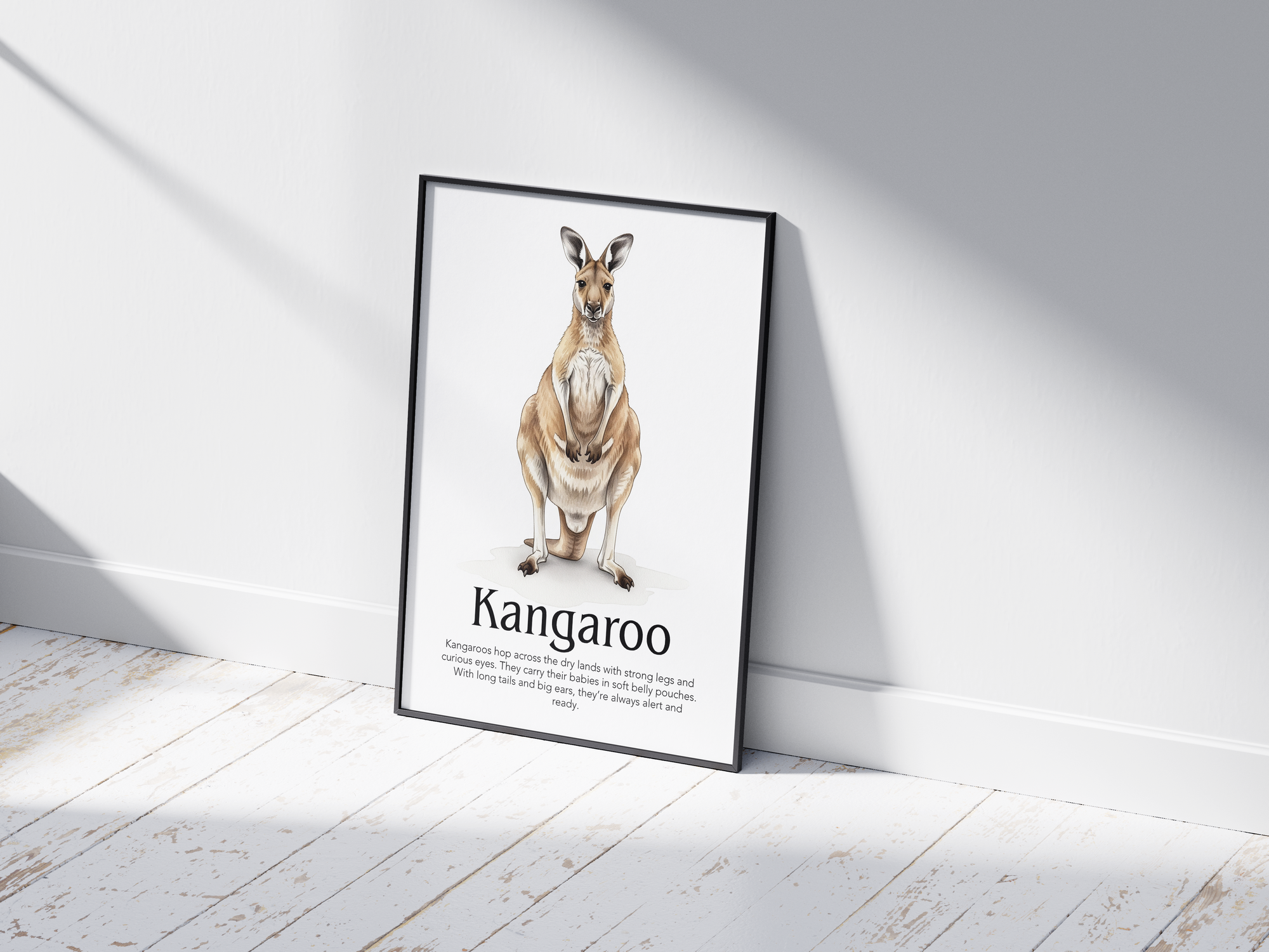 Detailed hand-illustrated Educational Kangaroo Animal Poster for the letter 'K', printed on semi-gloss sustainable paper. Perfect wall art for children's rooms, nurseries, or playrooms with an educational and nature-inspired aesthetic.