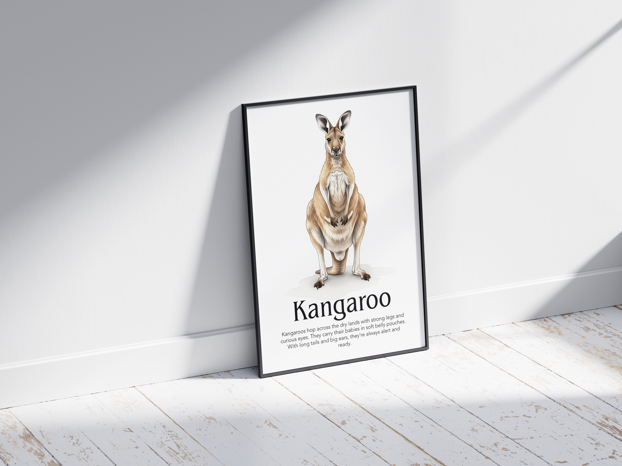 Detailed hand-illustrated Educational Kangaroo Animal Poster for the letter 'K', printed on semi-gloss sustainable paper. Perfect wall art for children's rooms, nurseries, or playrooms with an educational and nature-inspired aesthetic.