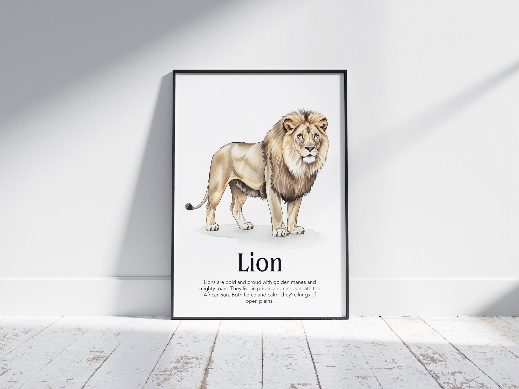 Detailed hand-illustrated Educational Lion Animal Poster for the letter 'L', printed on semi-gloss sustainable paper. Perfect wall art for children's rooms, nurseries, or playrooms with an educational and nature-inspired aesthetic.