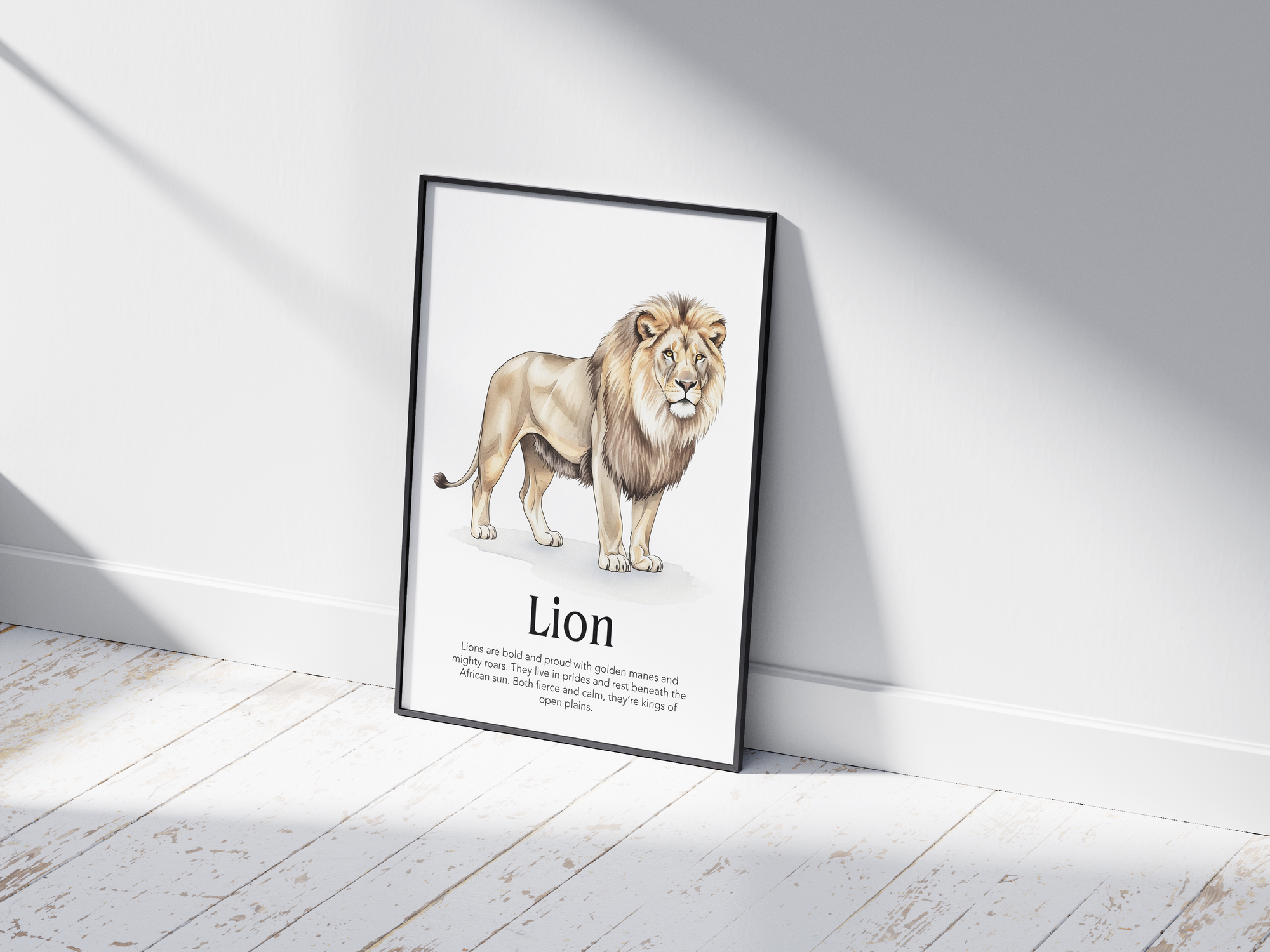 Detailed hand-illustrated Educational Lion Animal Poster for the letter 'L', printed on semi-gloss sustainable paper. Perfect wall art for children's rooms, nurseries, or playrooms with an educational and nature-inspired aesthetic.