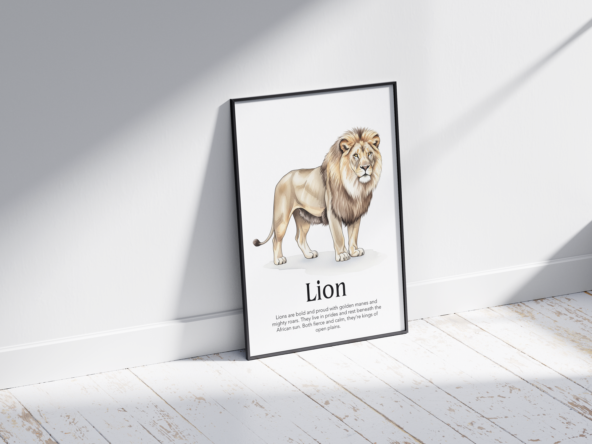 Detailed hand-illustrated Educational Lion Animal Poster for the letter 'L', printed on semi-gloss sustainable paper. Perfect wall art for children's rooms, nurseries, or playrooms with an educational and nature-inspired aesthetic.