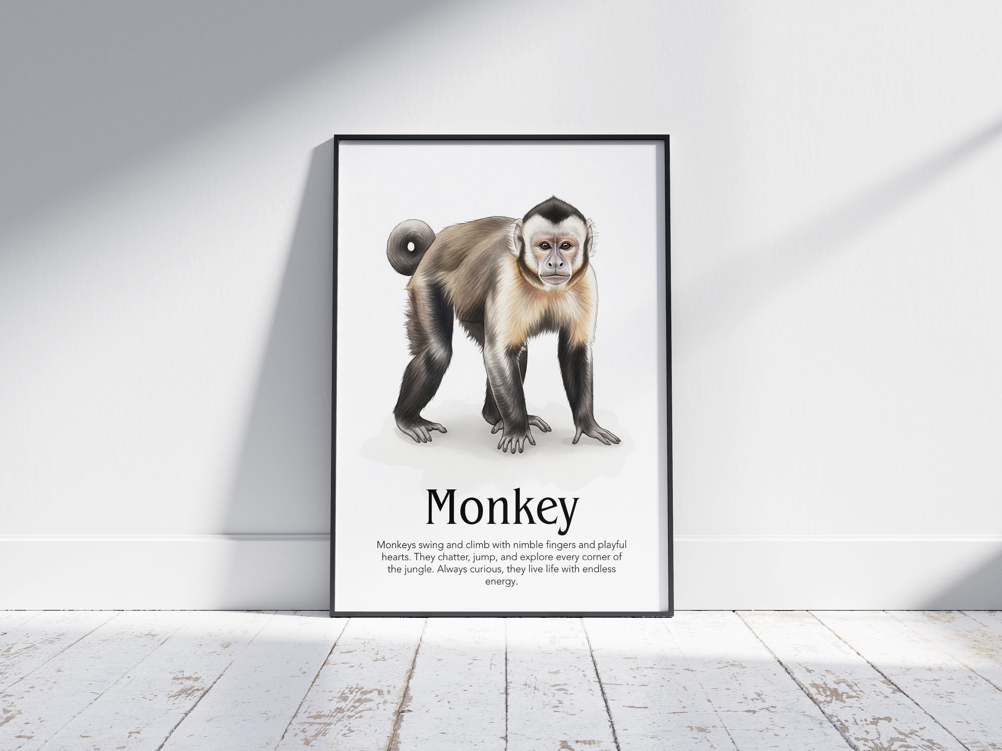 Detailed hand-illustrated Educational Monkey Animal Poster for the letter 'M', printed on semi-gloss sustainable paper. Perfect wall art for children's rooms, nurseries, or playrooms with an educational and nature-inspired aesthetic.
