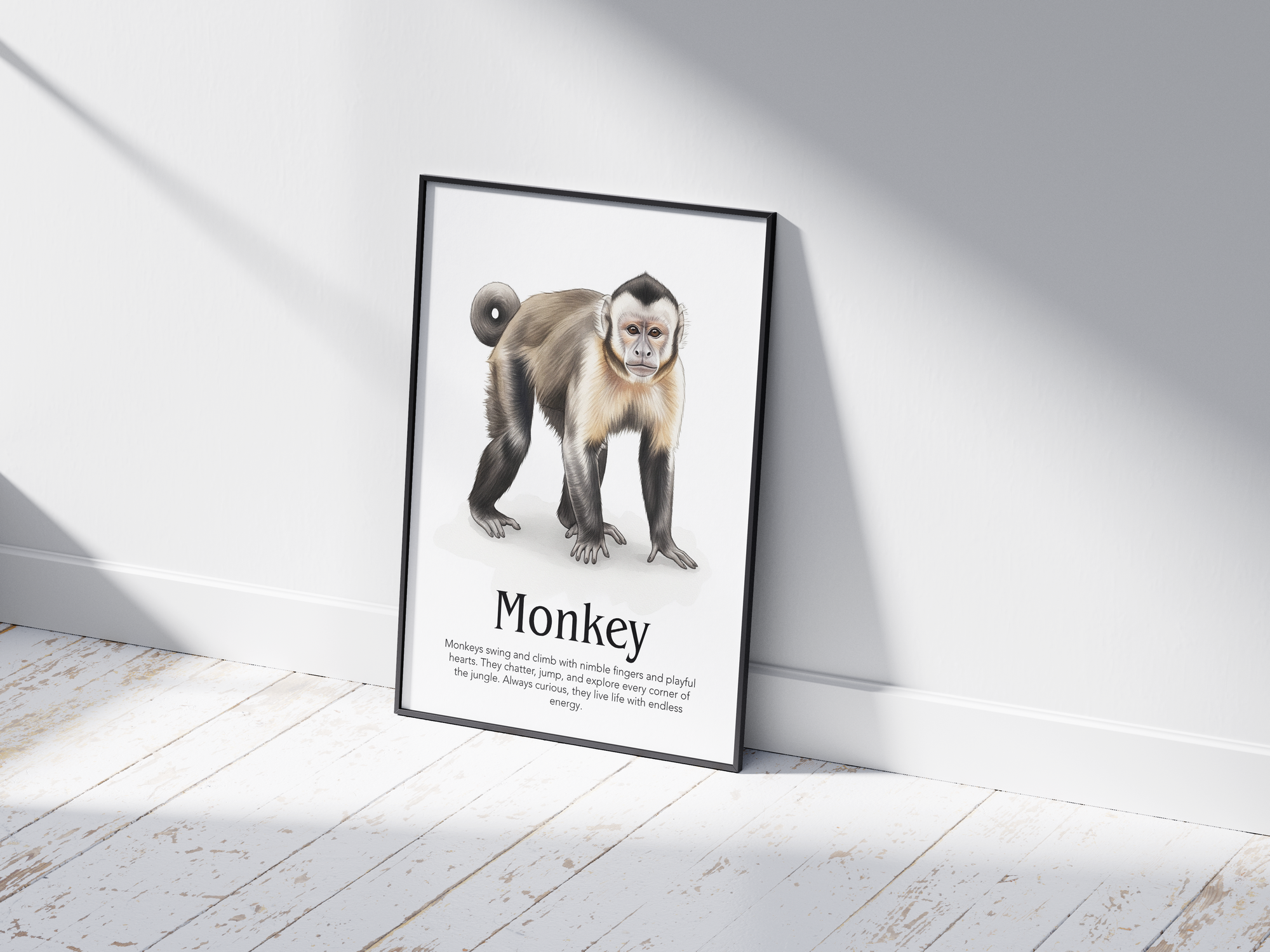 Detailed hand-illustrated Educational Monkey Animal Poster for the letter 'M', printed on semi-gloss sustainable paper. Perfect wall art for children's rooms, nurseries, or playrooms with an educational and nature-inspired aesthetic.