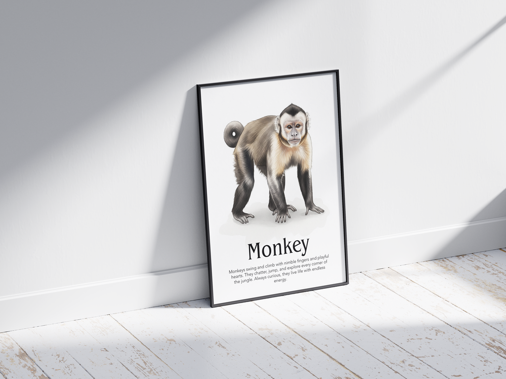 Detailed hand-illustrated Educational Monkey Animal Poster for the letter 'M', printed on semi-gloss sustainable paper. Perfect wall art for children's rooms, nurseries, or playrooms with an educational and nature-inspired aesthetic.