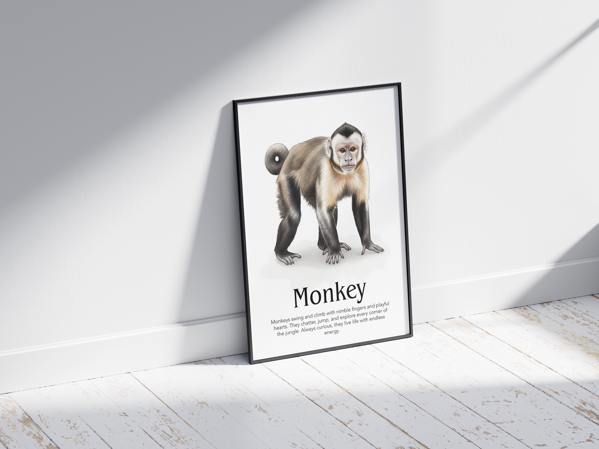 Detailed hand-illustrated Educational Monkey Animal Poster for the letter 'M', printed on semi-gloss sustainable paper. Perfect wall art for children's rooms, nurseries, or playrooms with an educational and nature-inspired aesthetic.