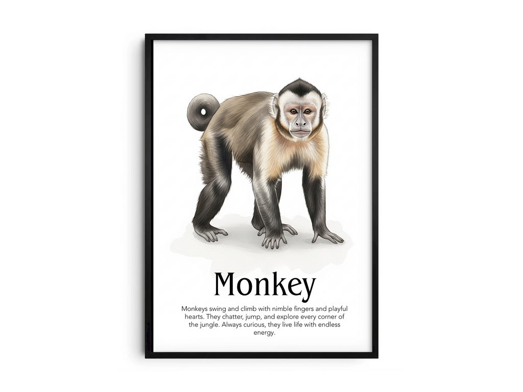 Detailed hand-illustrated Educational Monkey Animal Poster for the letter 'M', printed on semi-gloss sustainable paper. Perfect wall art for children's rooms, nurseries, or playrooms with an educational and nature-inspired aesthetic.