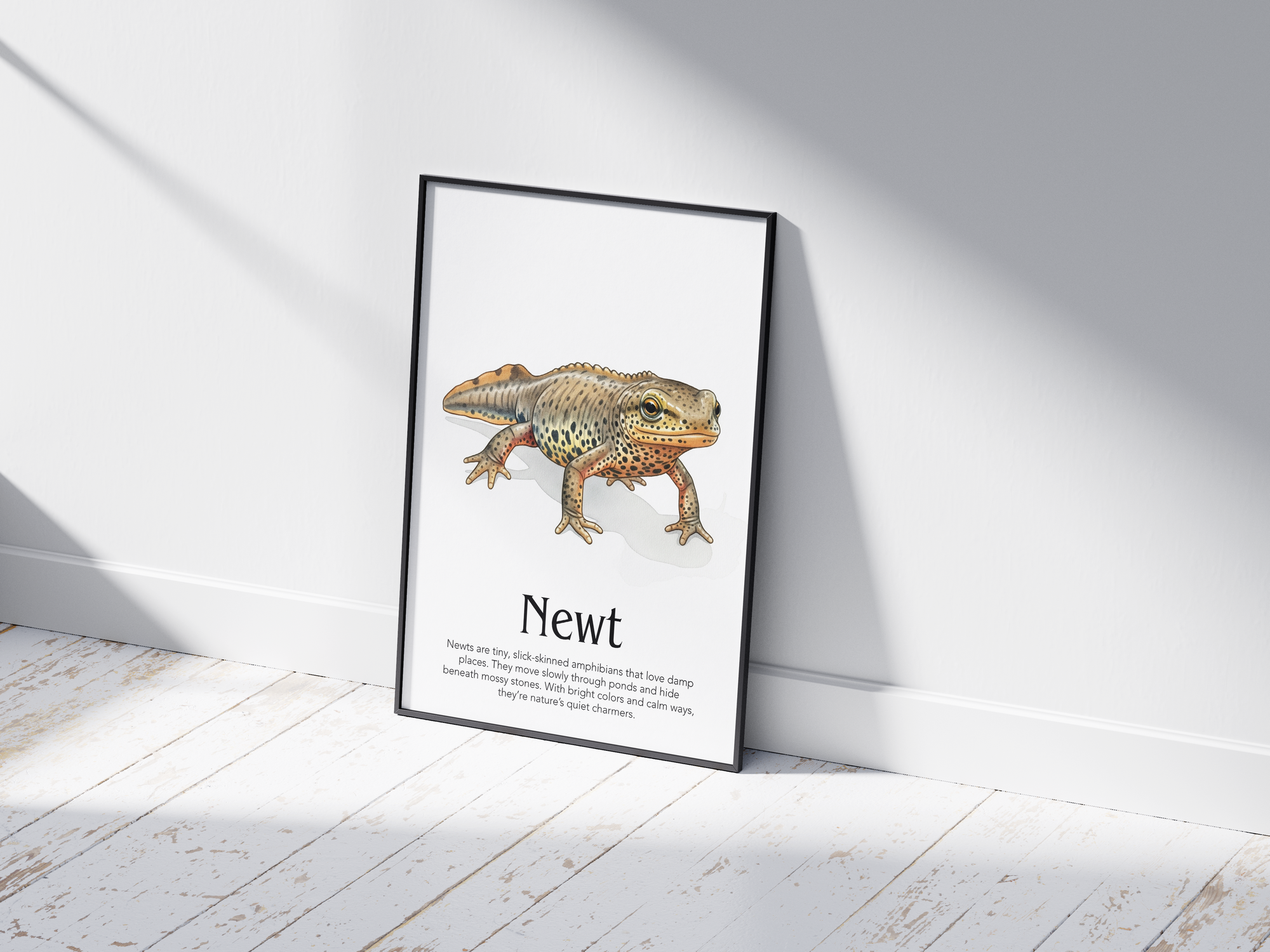 Detailed hand-illustrated Educational Newt Animal Poster for the letter 'N', printed on semi-gloss sustainable paper. Perfect wall art for children's rooms, nurseries, or playrooms with an educational and nature-inspired aesthetic.