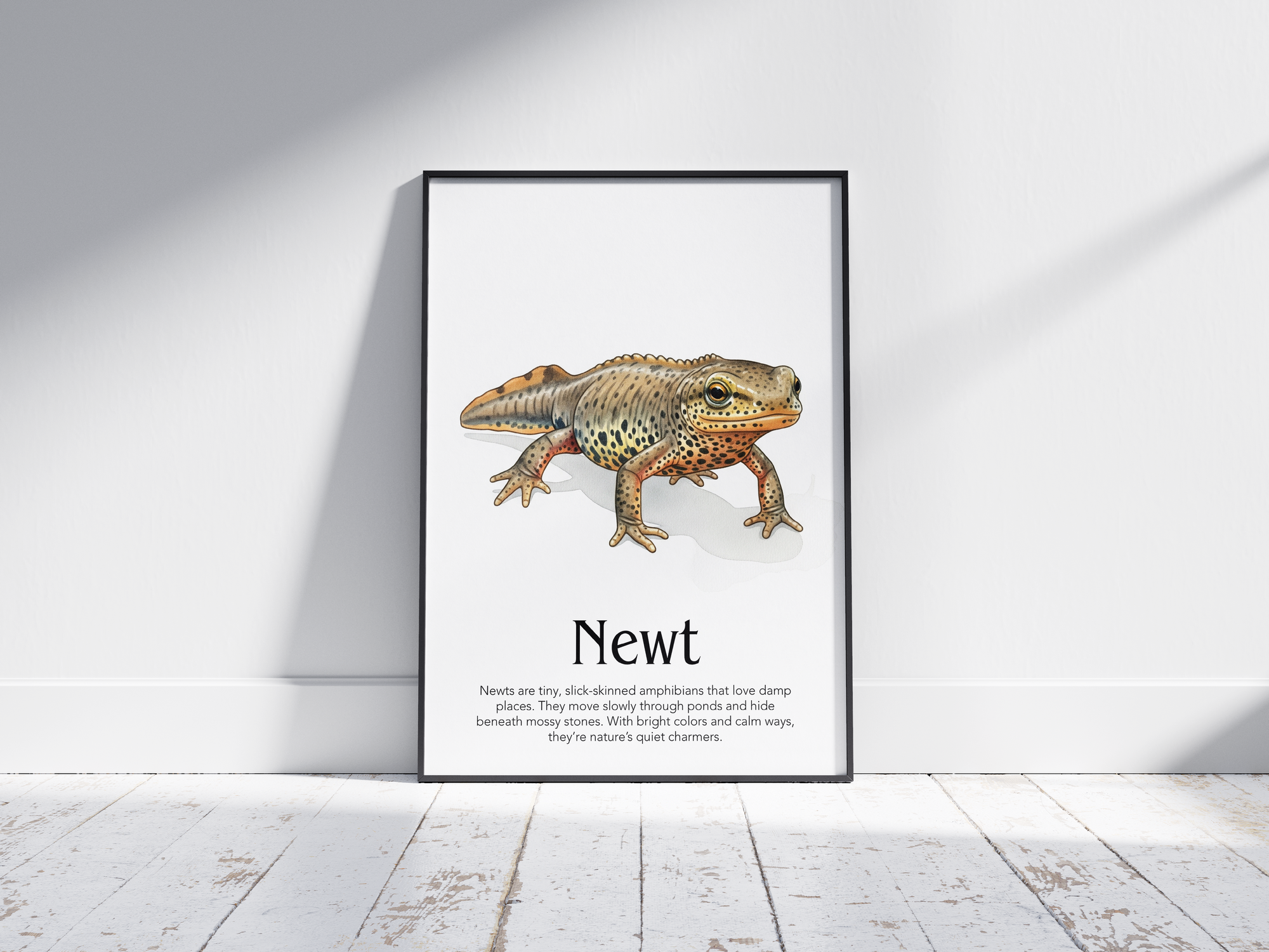 Detailed hand-illustrated Educational Newt Animal Poster for the letter 'N', printed on semi-gloss sustainable paper. Perfect wall art for children's rooms, nurseries, or playrooms with an educational and nature-inspired aesthetic.