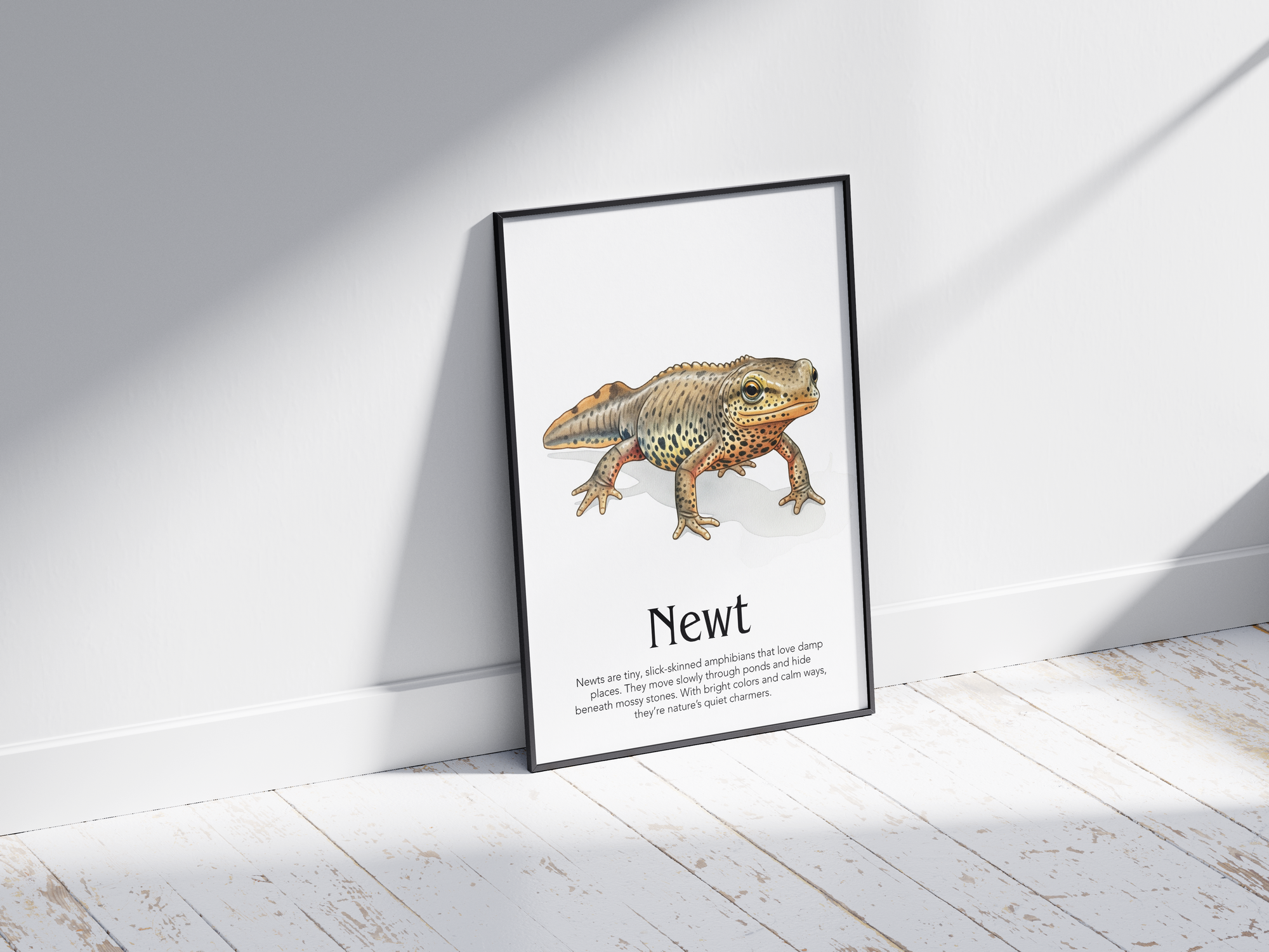 Detailed hand-illustrated Educational Newt Animal Poster for the letter 'N', printed on semi-gloss sustainable paper. Perfect wall art for children's rooms, nurseries, or playrooms with an educational and nature-inspired aesthetic.