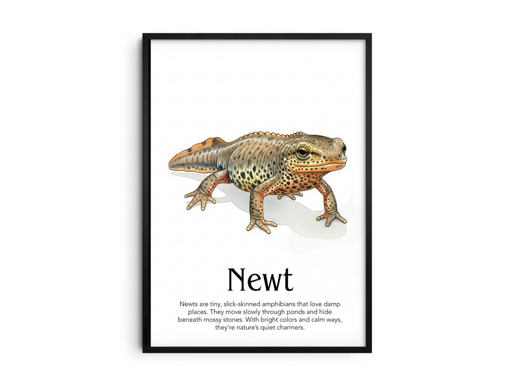 Detailed hand-illustrated Educational Newt Animal Poster for the letter 'N', printed on semi-gloss sustainable paper. Perfect wall art for children's rooms, nurseries, or playrooms with an educational and nature-inspired aesthetic.