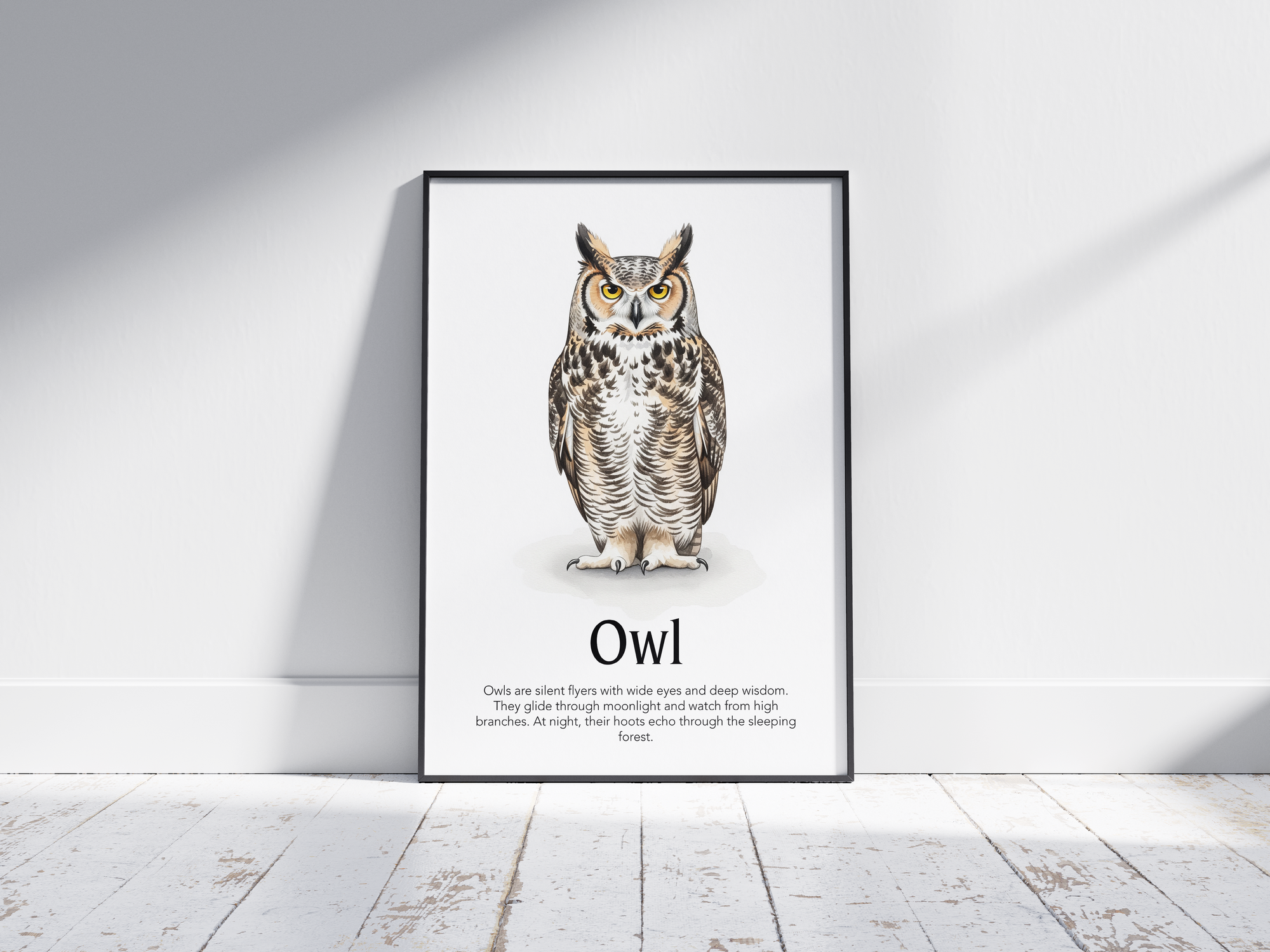 Detailed hand-illustrated Educational Owl Animal Poster for the letter 'O', printed on semi-gloss sustainable paper. Perfect wall art for children's rooms, nurseries, or playrooms with an educational and nature-inspired aesthetic.