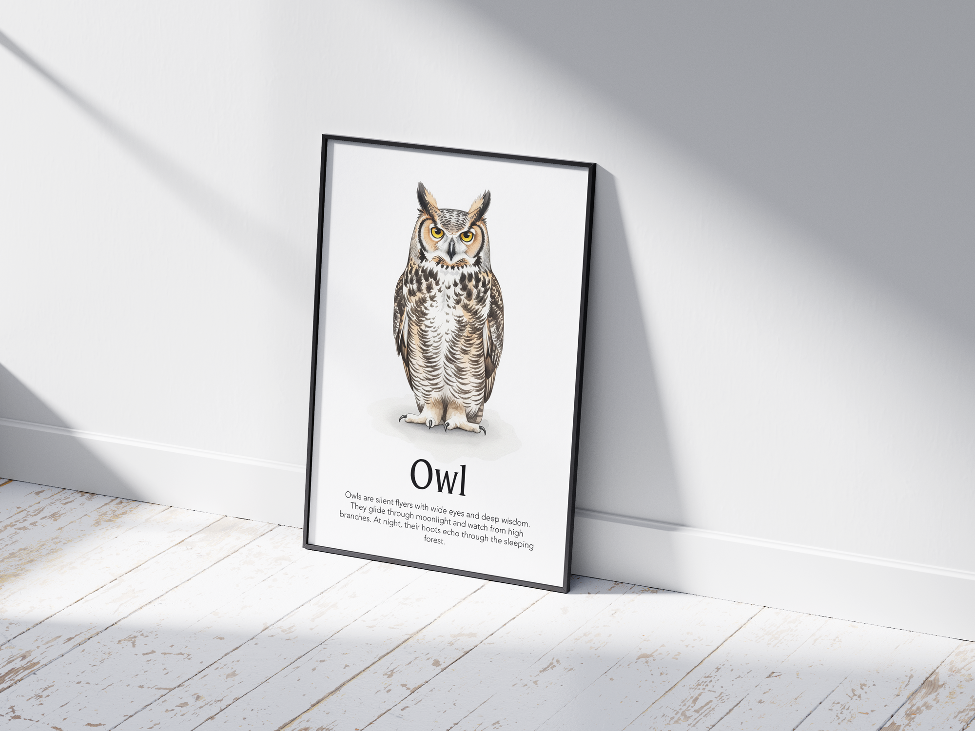 Detailed hand-illustrated Educational Owl Animal Poster for the letter 'O', printed on semi-gloss sustainable paper. Perfect wall art for children's rooms, nurseries, or playrooms with an educational and nature-inspired aesthetic.