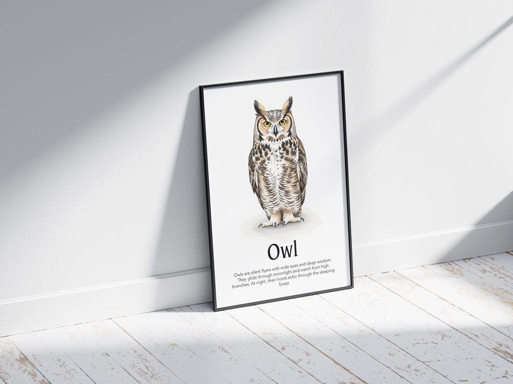Detailed hand-illustrated Educational Owl Animal Poster for the letter 'O', printed on semi-gloss sustainable paper. Perfect wall art for children's rooms, nurseries, or playrooms with an educational and nature-inspired aesthetic.