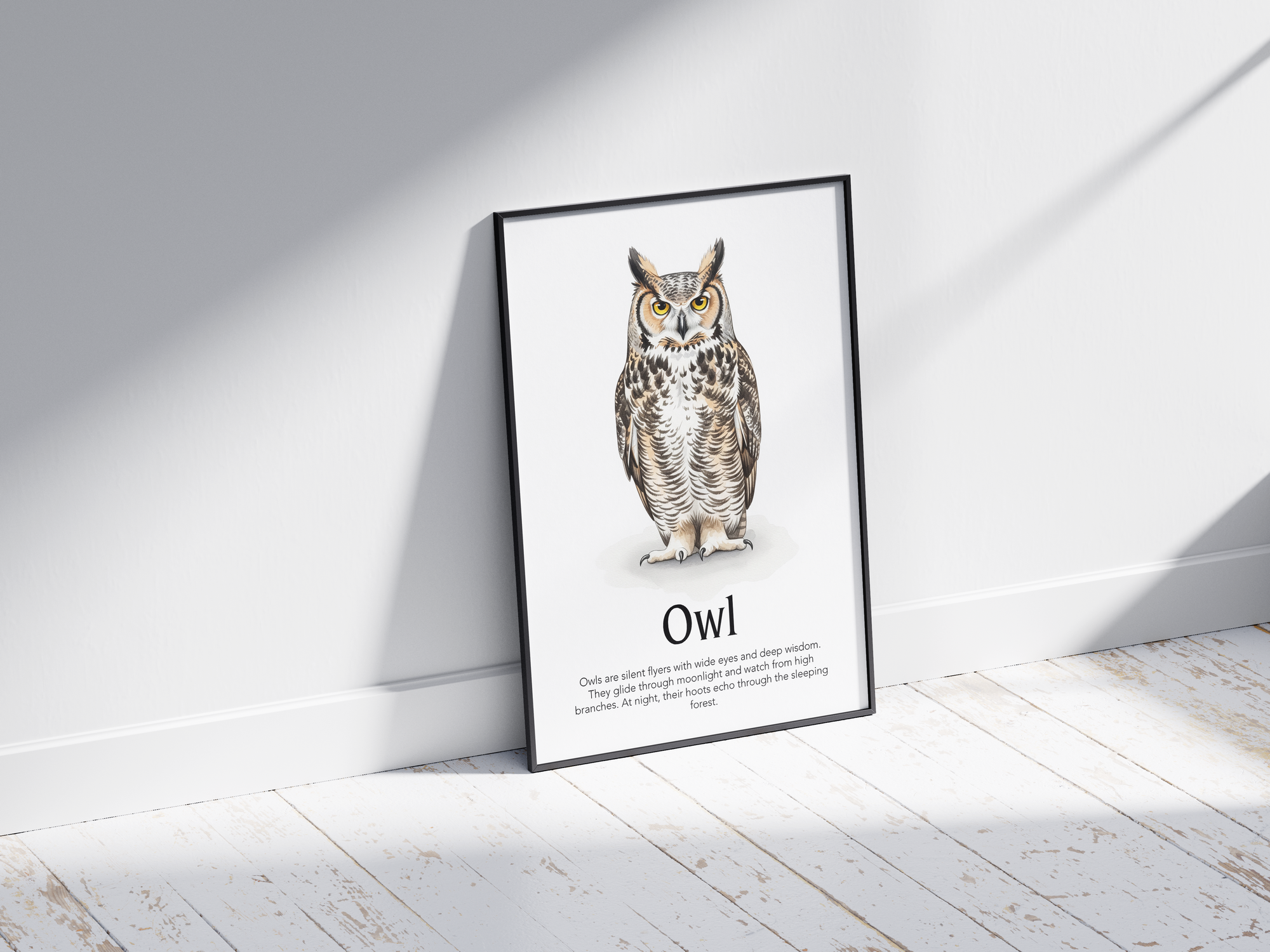 Detailed hand-illustrated Educational Owl Animal Poster for the letter 'O', printed on semi-gloss sustainable paper. Perfect wall art for children's rooms, nurseries, or playrooms with an educational and nature-inspired aesthetic.