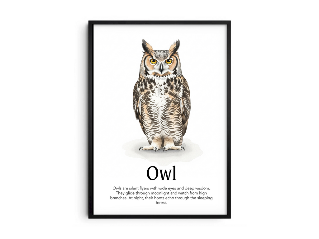 Detailed hand-illustrated Educational Owl Animal Poster for the letter 'O', printed on semi-gloss sustainable paper. Perfect wall art for children's rooms, nurseries, or playrooms with an educational and nature-inspired aesthetic.