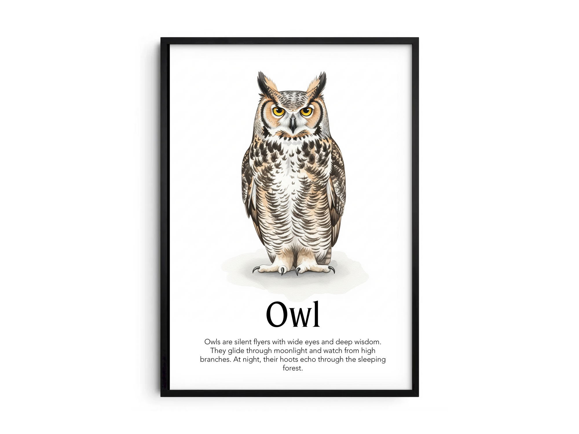 Detailed hand-illustrated Educational Owl Animal Poster for the letter 'O', printed on semi-gloss sustainable paper. Perfect wall art for children's rooms, nurseries, or playrooms with an educational and nature-inspired aesthetic.